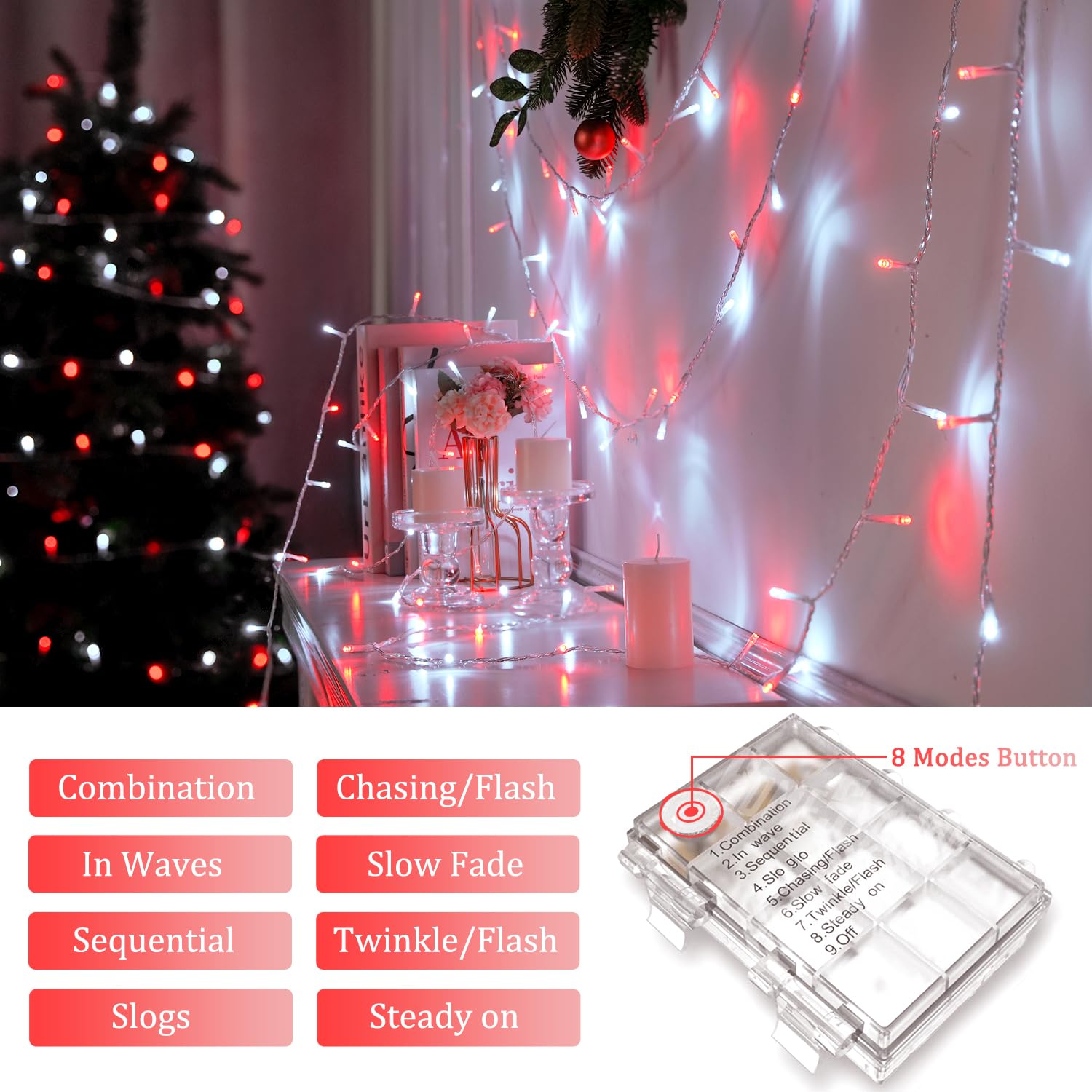 JMEXSUSS Battery String Lights, 2 Pack, 100 LED, 33ft, Red & White, Remote Controlled