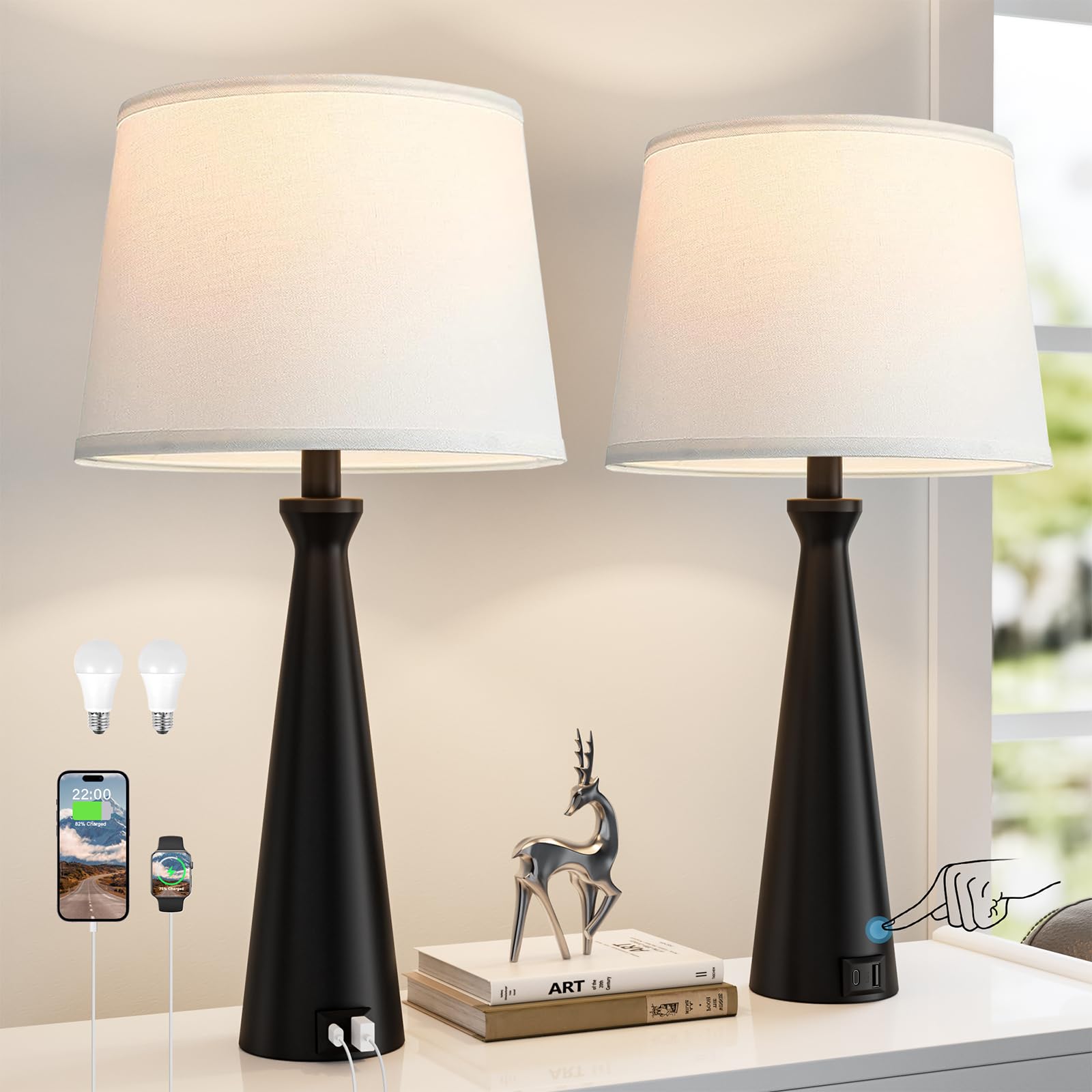 Seealle Modern Table Lamps Set of 2 - Touch Bedside Lamp for Nightstand with Dual USB C+A 3-Way Dimmable Black Nightstand Lamps for Living Room Bedroom End Table(Bulb Included)