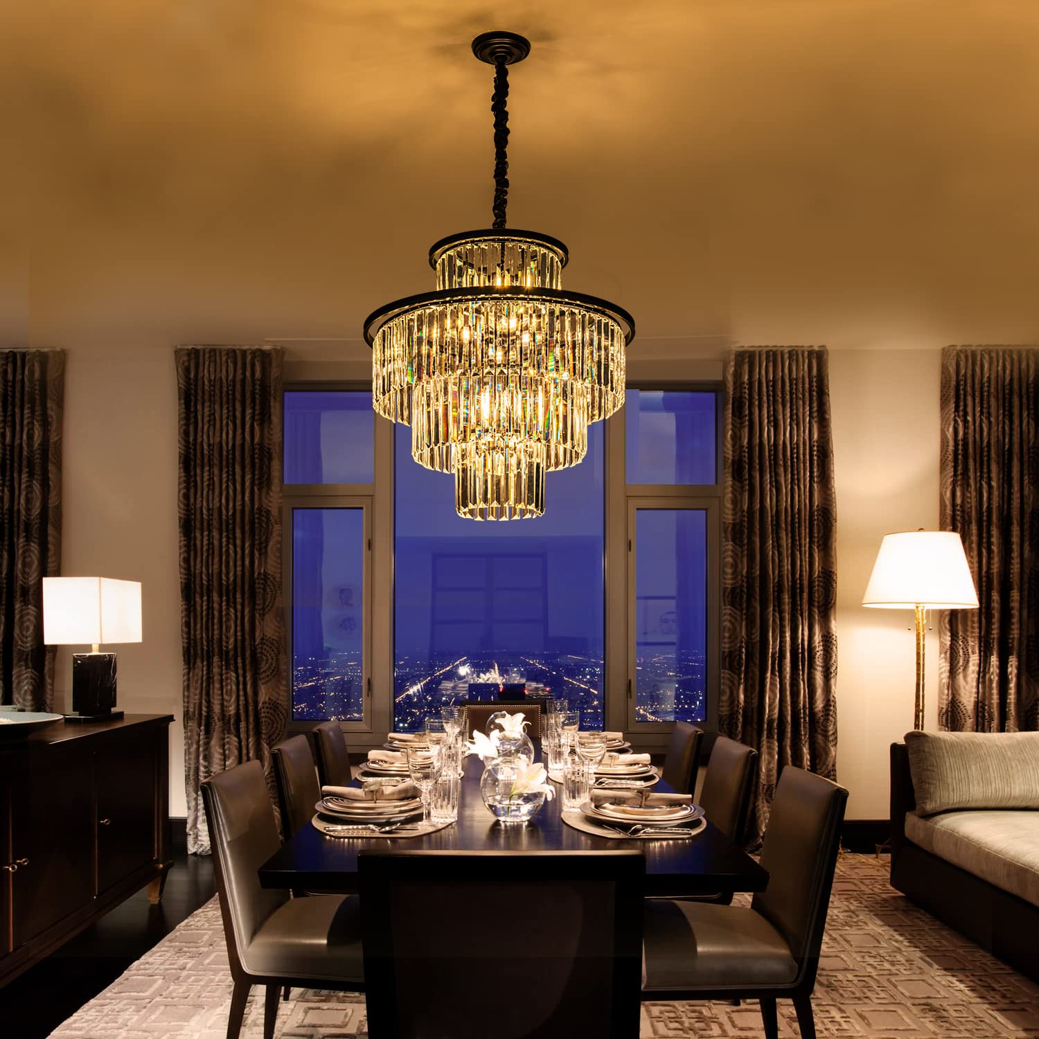 Lighceac 23" 14-Light Modern Crystal Chandelier Light Fixtures 4-Tier Black Luxury Chandeliers For Dining Room Round Hanging Pendant Lighting For Living Room Kitchen Entryway Bedroom Foyer Hallway