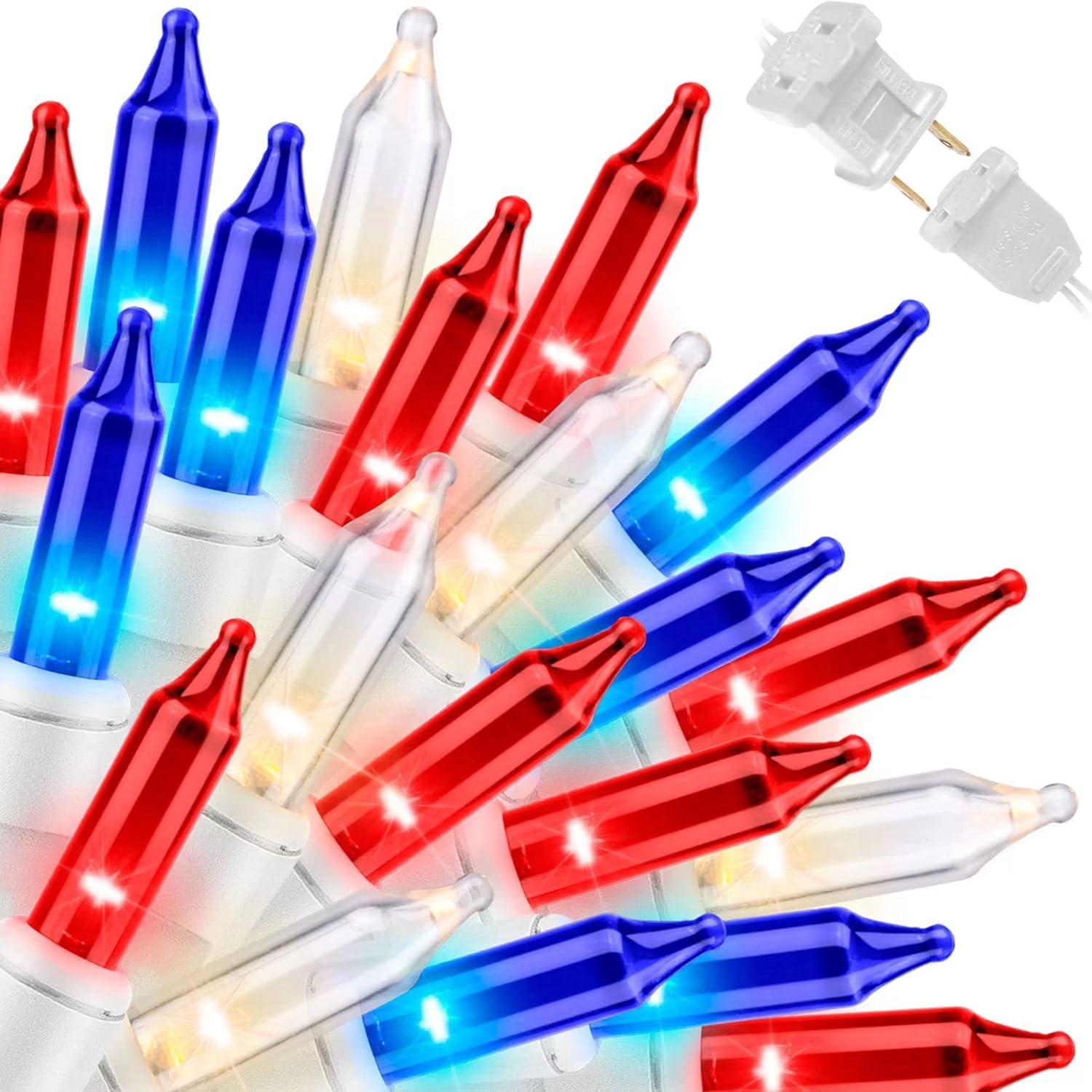 LAMPHOME 100 Count Red White and Blue Mini String Lights with White Wire,Connectable 19.6ft 120V Waterproof 4th of July Patriotic Incandescent Lights, Independence Day Lights for Outdoor Indoor Decor