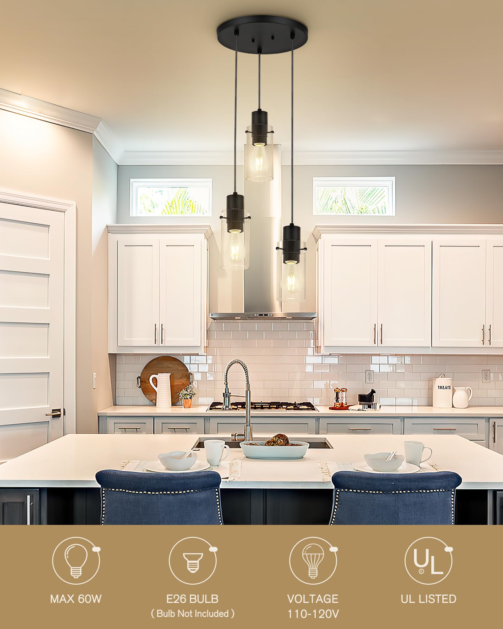 Emak 3-Light Pendant Lights Kitchen Island, Modern Farmhouse Black Pendant Light With Clear Glass Shade, Cluster Hanging Lights