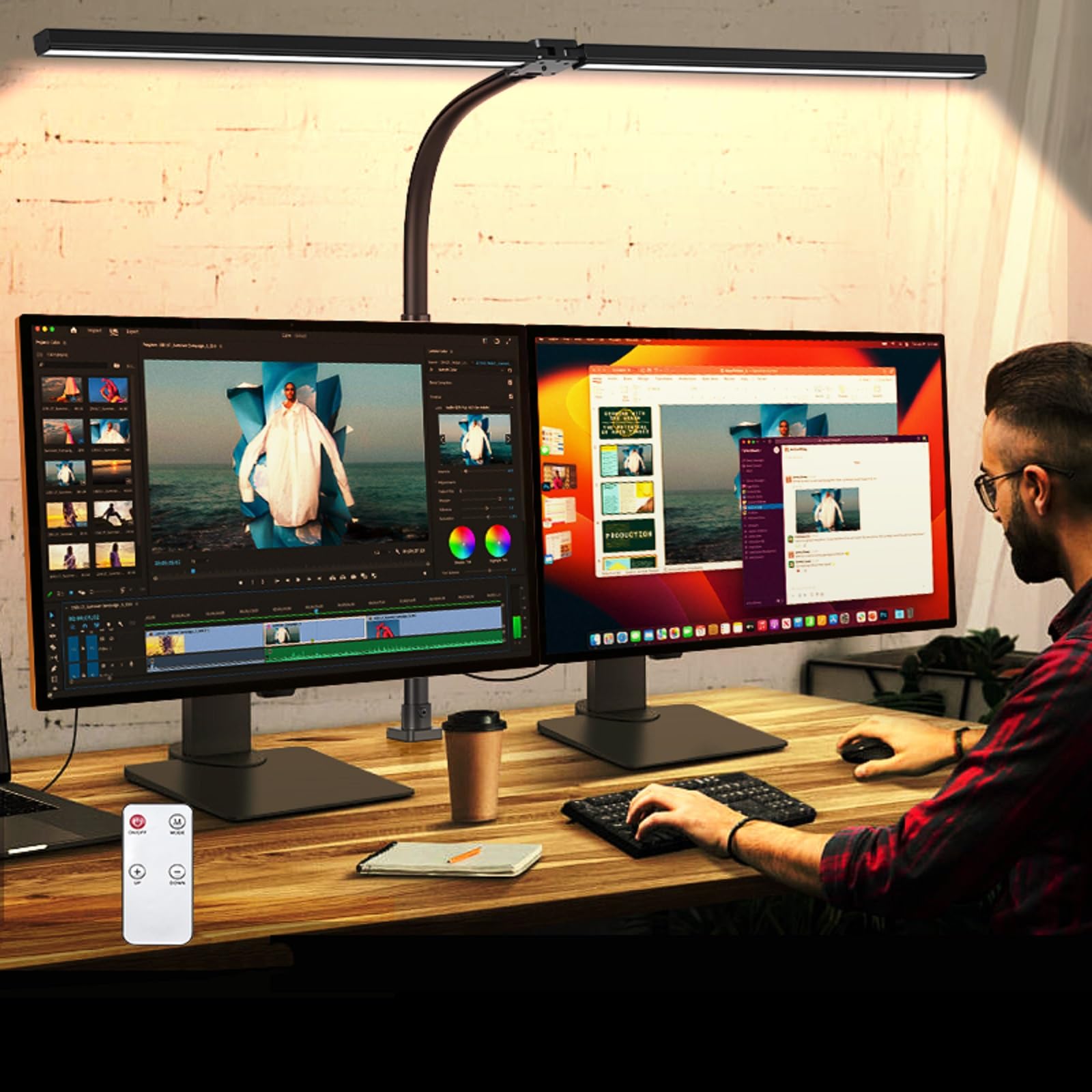 MACASA Double Head LED Desk Lamp 24W with Remote Control, Anti-Glare, Clamp Size, Black, Model S01-Black