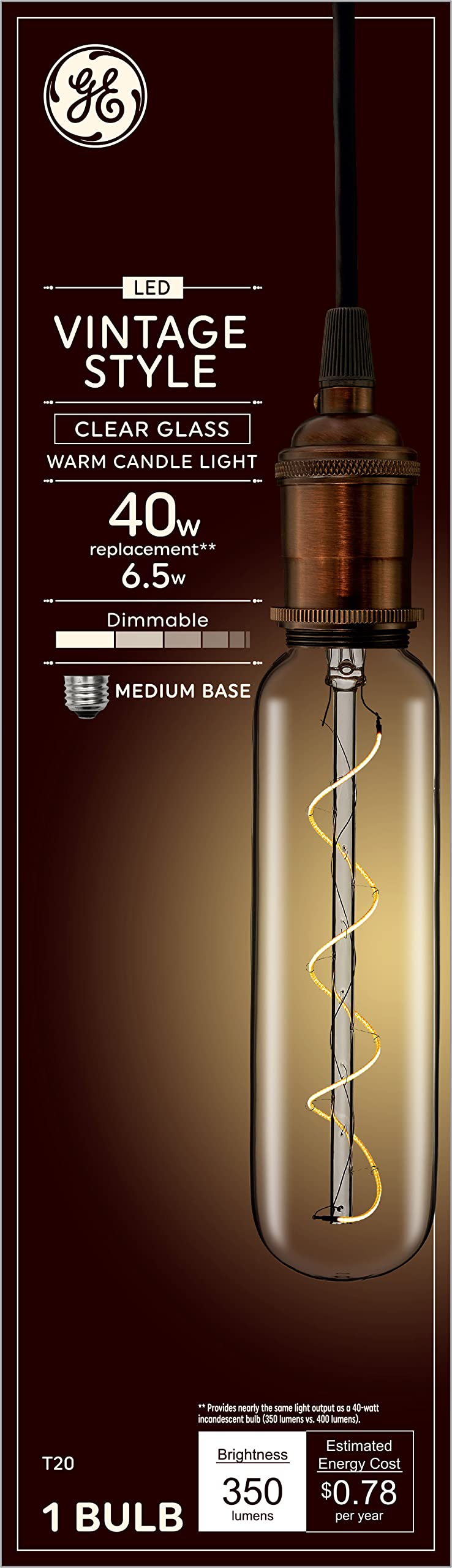 GE Vintage Style LED Light Bulb, 40 Watt, T20 Tube, Clear Glass Finish, Model 93100097