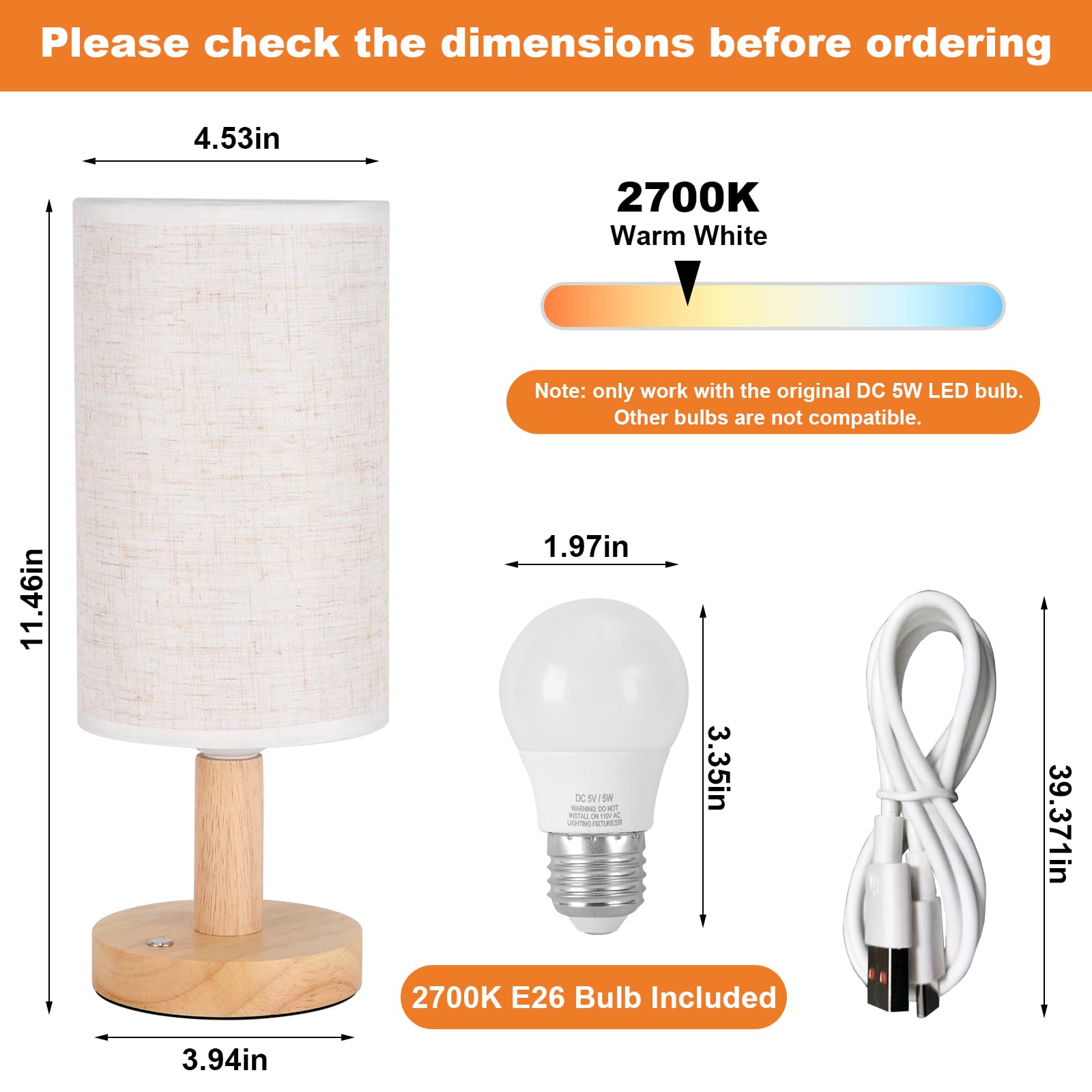 SEENSINY Small Corded Touch Bedside Lamp, Linen Shade, Stepless Dimming, USB-Powered, Cozy Night Light for Bedroom, Nursery, Camping
