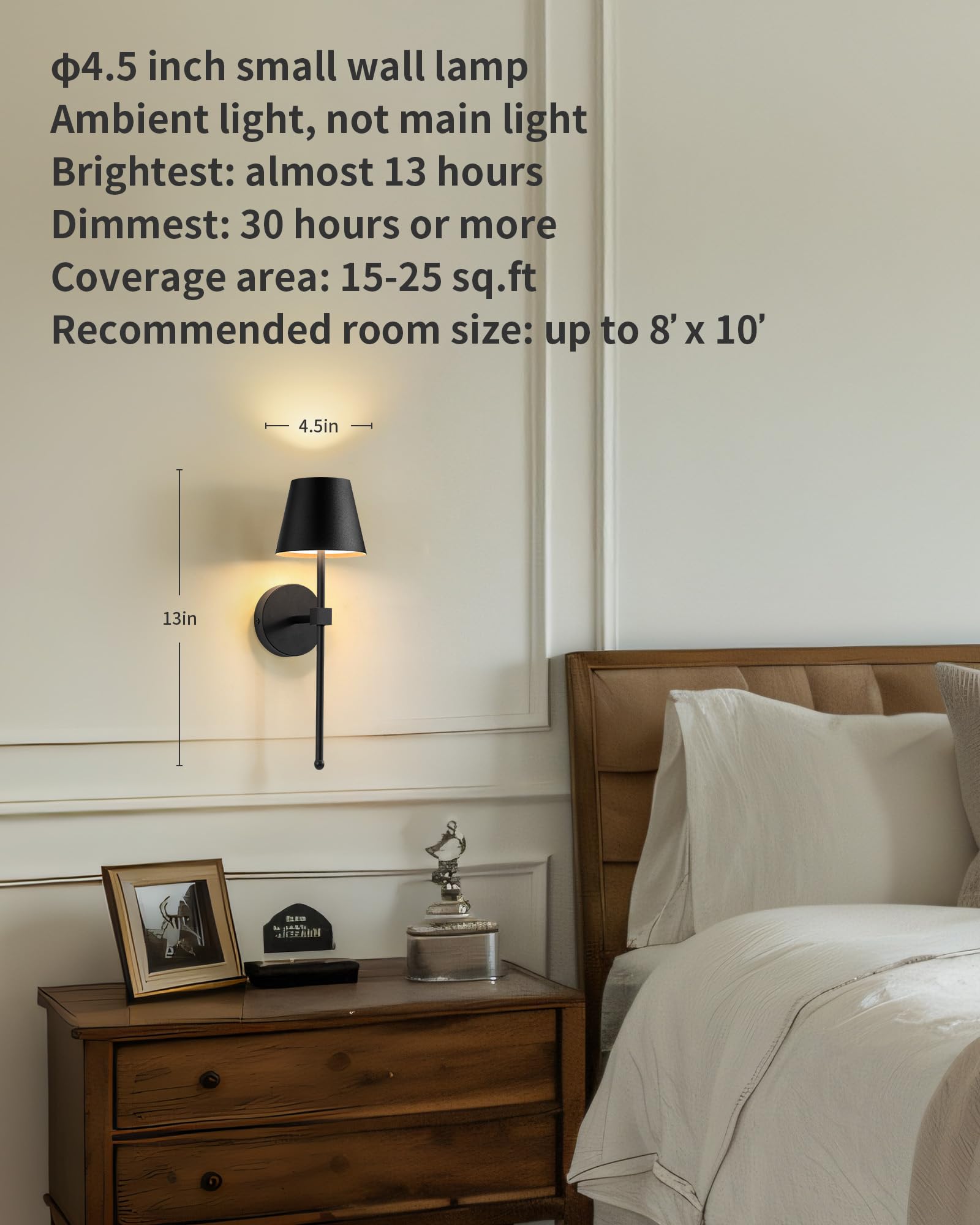 KDG Wireless Wall Sconces Set of 2, Small Rechargeable LED Lamps, Stepless Dimming, Black, Model AMZ-TBL-036, Perfect for Living Room & Bedroom