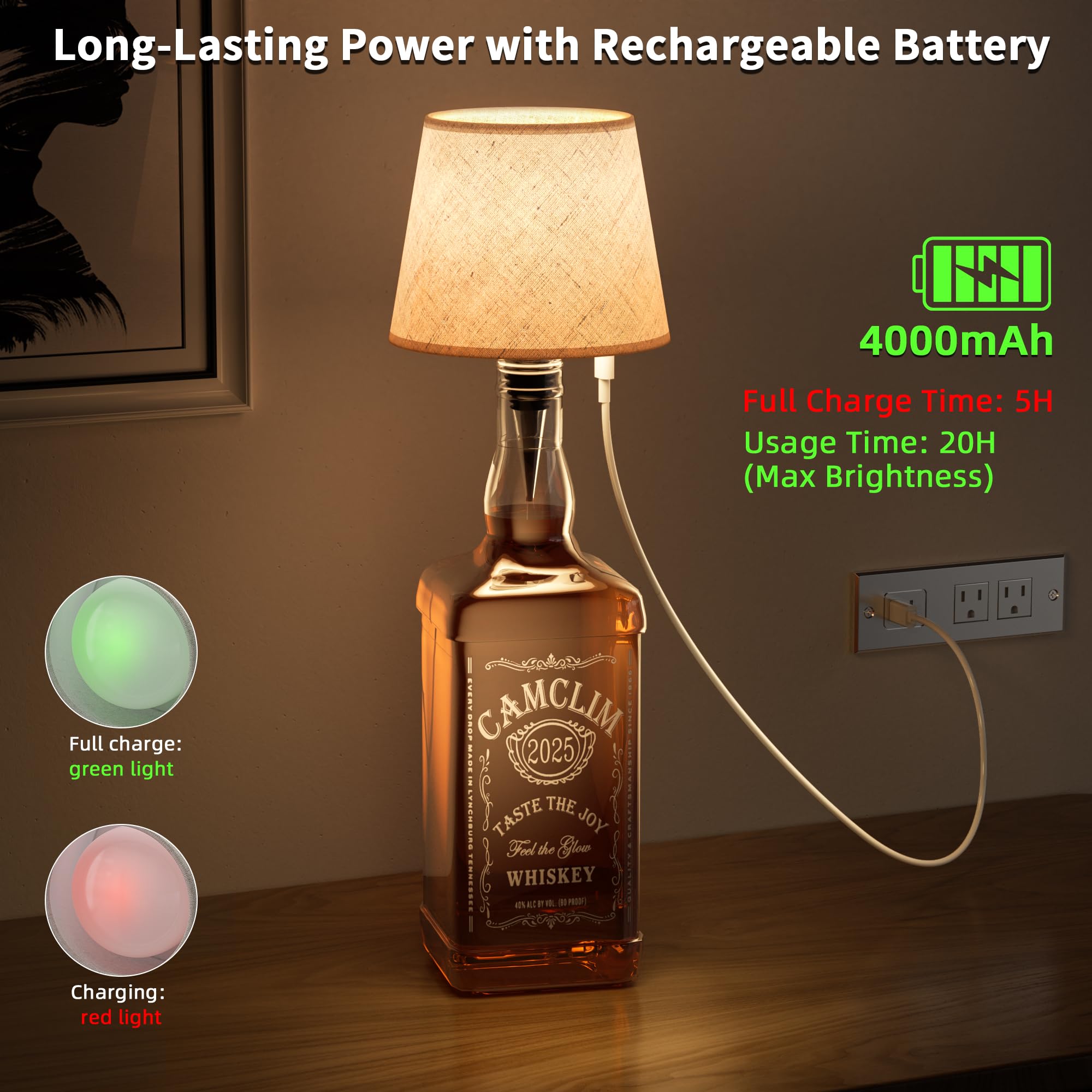 Wireless Wine Bottle Lamp Shade: Liquor Bottle Stopper Light With Remote Control Dimmable Cordless Portable Rechargeable Led Battery Operated spirit-inspired flavor Bottle Lampshade For Bedside Bar Bedroom Decor