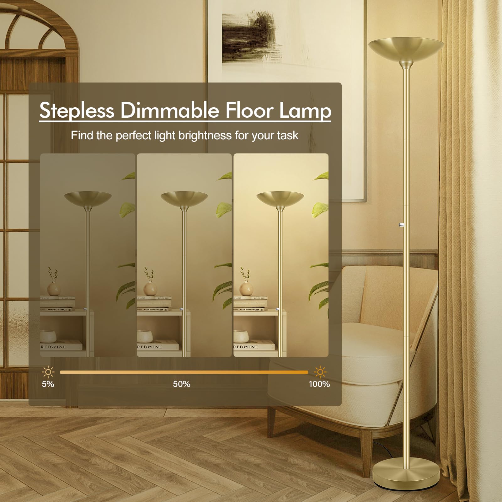 30W Torchiere Floor Lamp Gold, 3600Lm Bright Stepless Dimmable Floor Lamp, 71 Inch Led Standing Lamp 3000K, Rotary Switch, I Inc