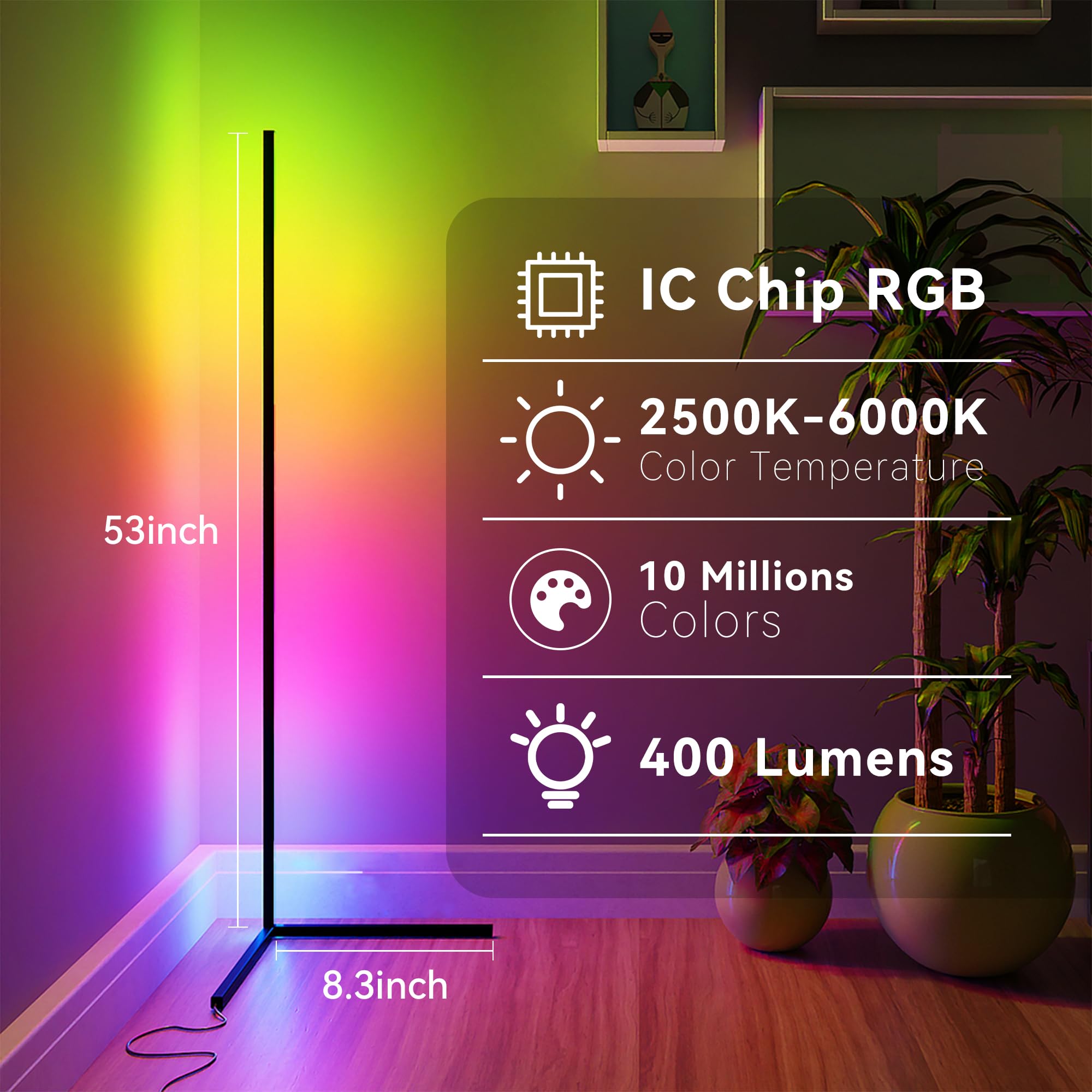 Tjoy 2 Pack Rgb Led Floor Lamps, Smart Corner Floor Light With App&Remote, 16 Million Color Changing, Music Sync, Modern Lamp Fo