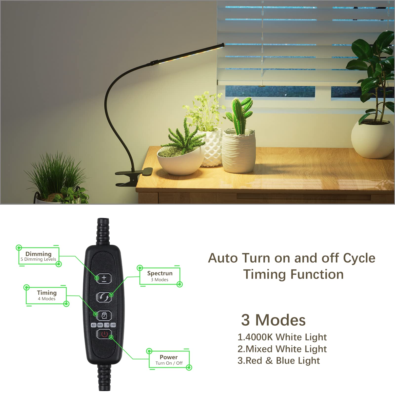 Gooingtop Grow Light Led Gooseneck Lamp,5000K 50W Full Spectrum Plant Lamp Clip-On Desktop For Indoor Plants Growing,Upgraded Timer 4 8 12 18Hrs,Brightness And Color Mode Changeable