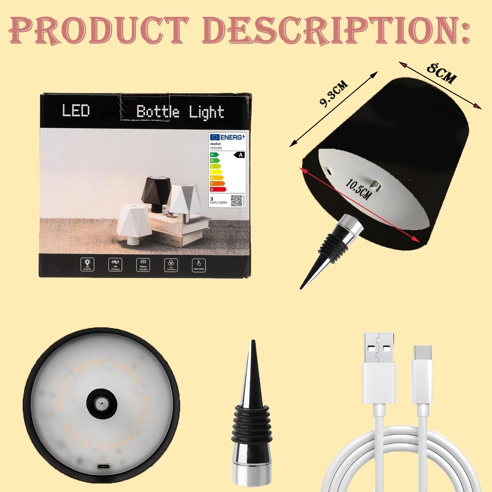 Neioaas Wireless Wine Bottle Lamp - 3 Color Stepless Dimming, USB Rechargeable Touch LED Light, White, Perfect for Home, Bar, Camping, Travel