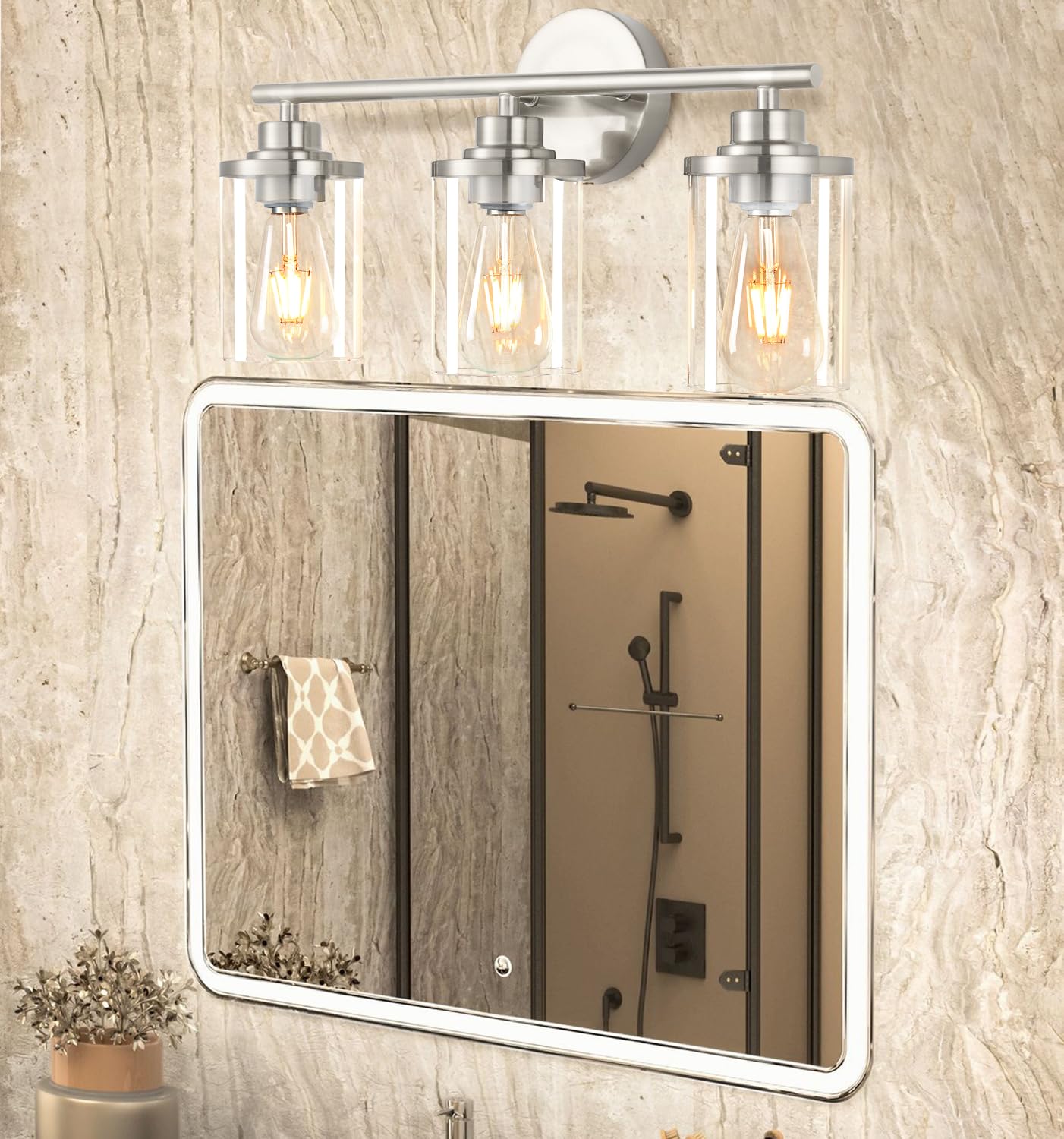 Porphyions Bathroom Light Fixtures,Vanity Lights,Brushed Nickel Bathroom Lights Over Mirror,Nickel Vanity Light For Bathroom,20'' Brushed Nickel 3-Light Modern Bathroom Sconce