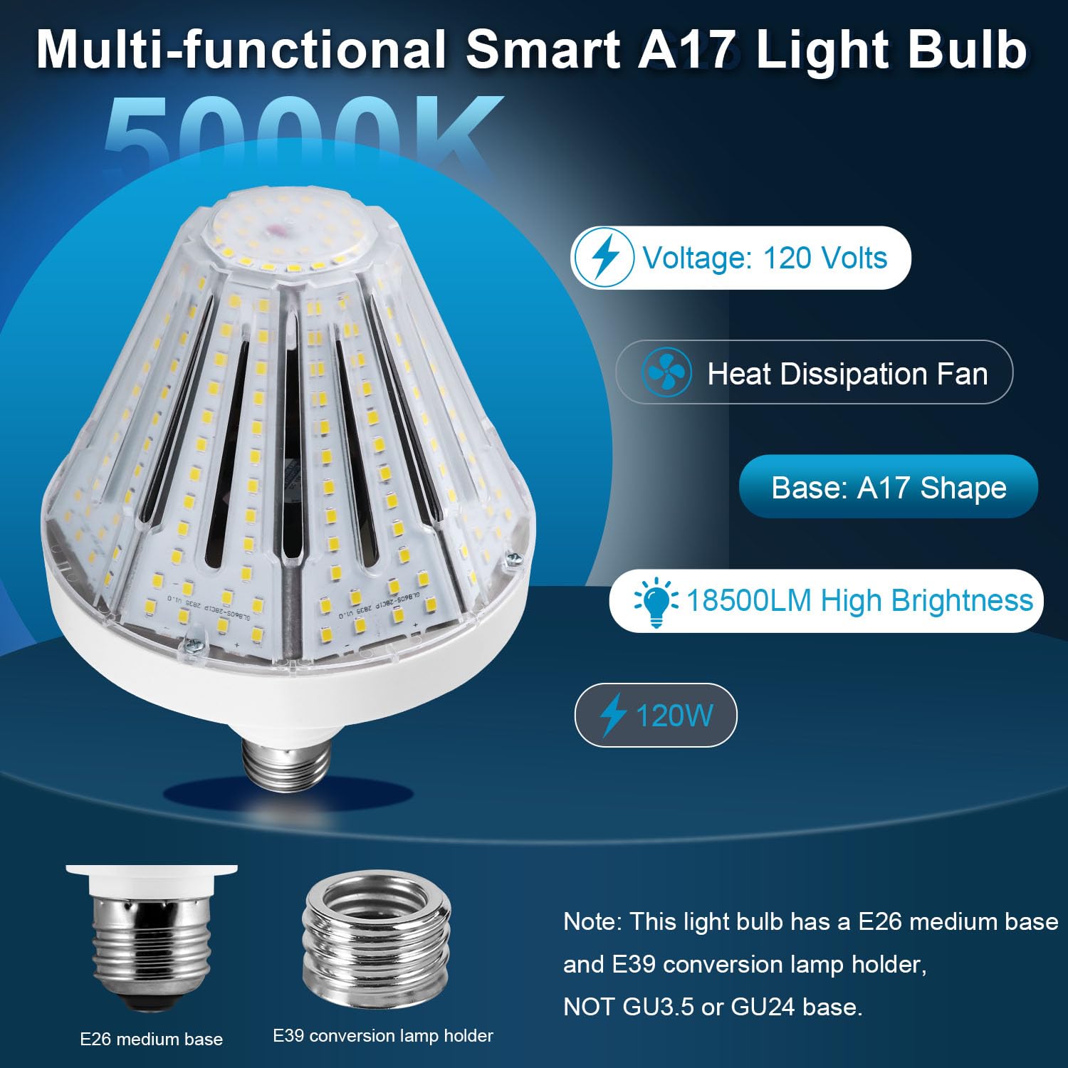 Ns 1-Set 120W Ultra-Bright Flicker-Free Led Bulbs (18,500Lm | 5000K Daylight | Cri 90) - Dual E39/E26 Base With Built-In Cooling