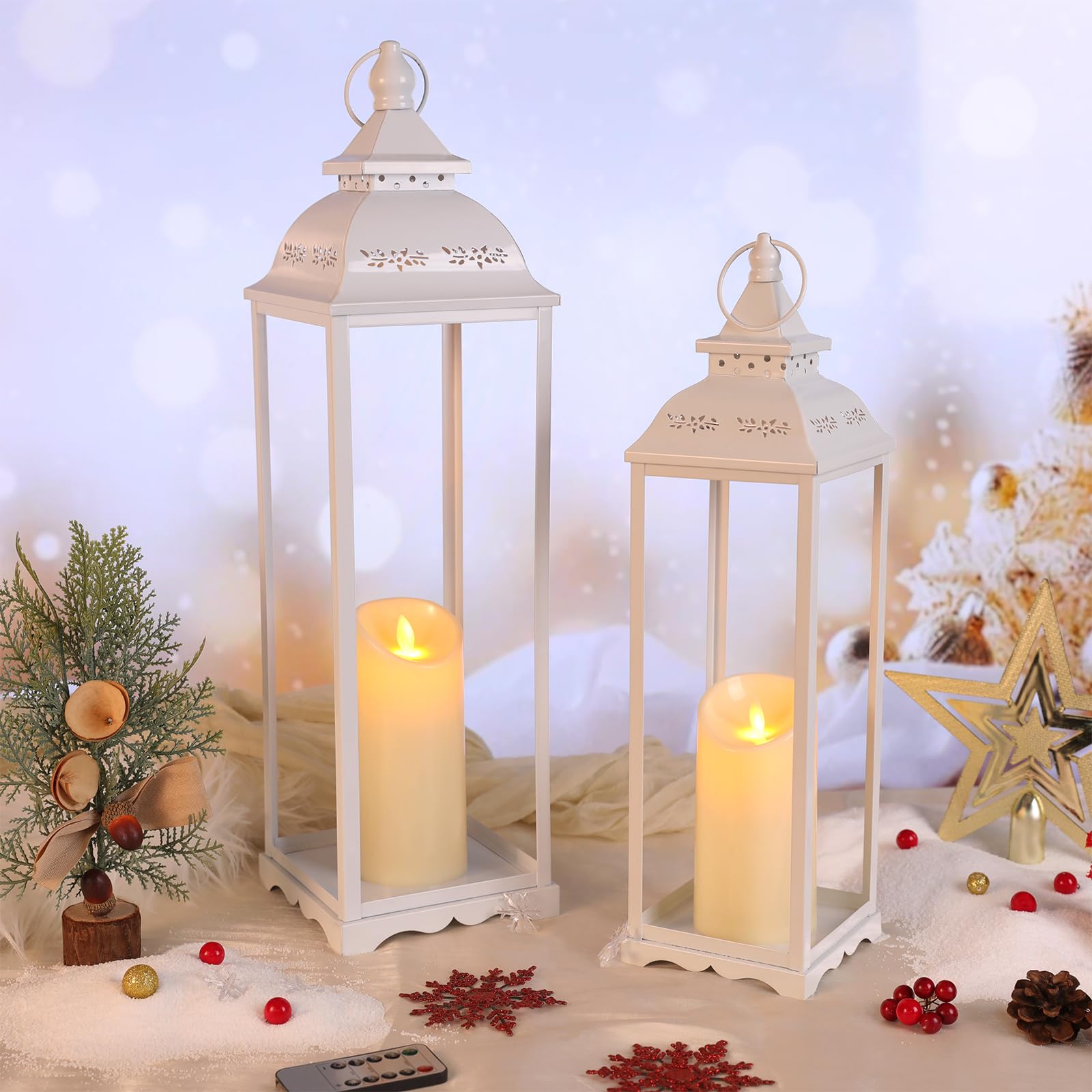 HAVITI 2 Pack Large Lanterns, White Metal Decorative Indoor/Outdoor, 22in & 17in, with 2 Flameless Candles, Farmhouse Style