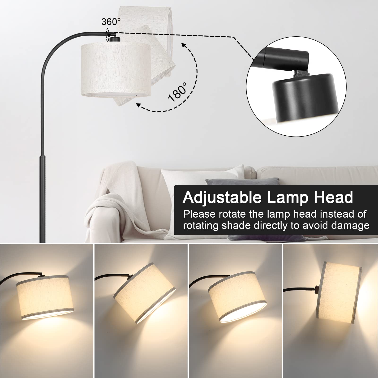 Boncoo Modern Floor Lamp For Living Room, Arc Floor Lamp With Adjustable Hanging Shade, Black Light With Pedal Switch For Bedroo