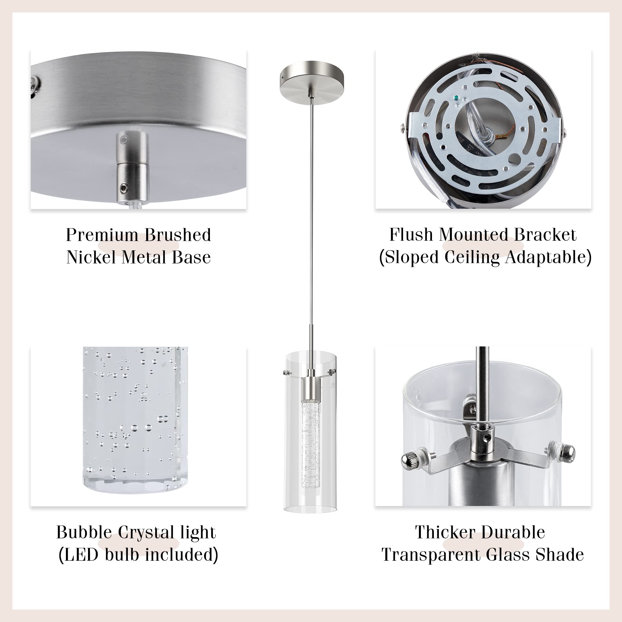 Esfos 1 Pack Pendant Ceiling Light Fixture, Pendant Lights For Kitchen Island Crystal Pendant Light, 1-Light Integrated Kitchen