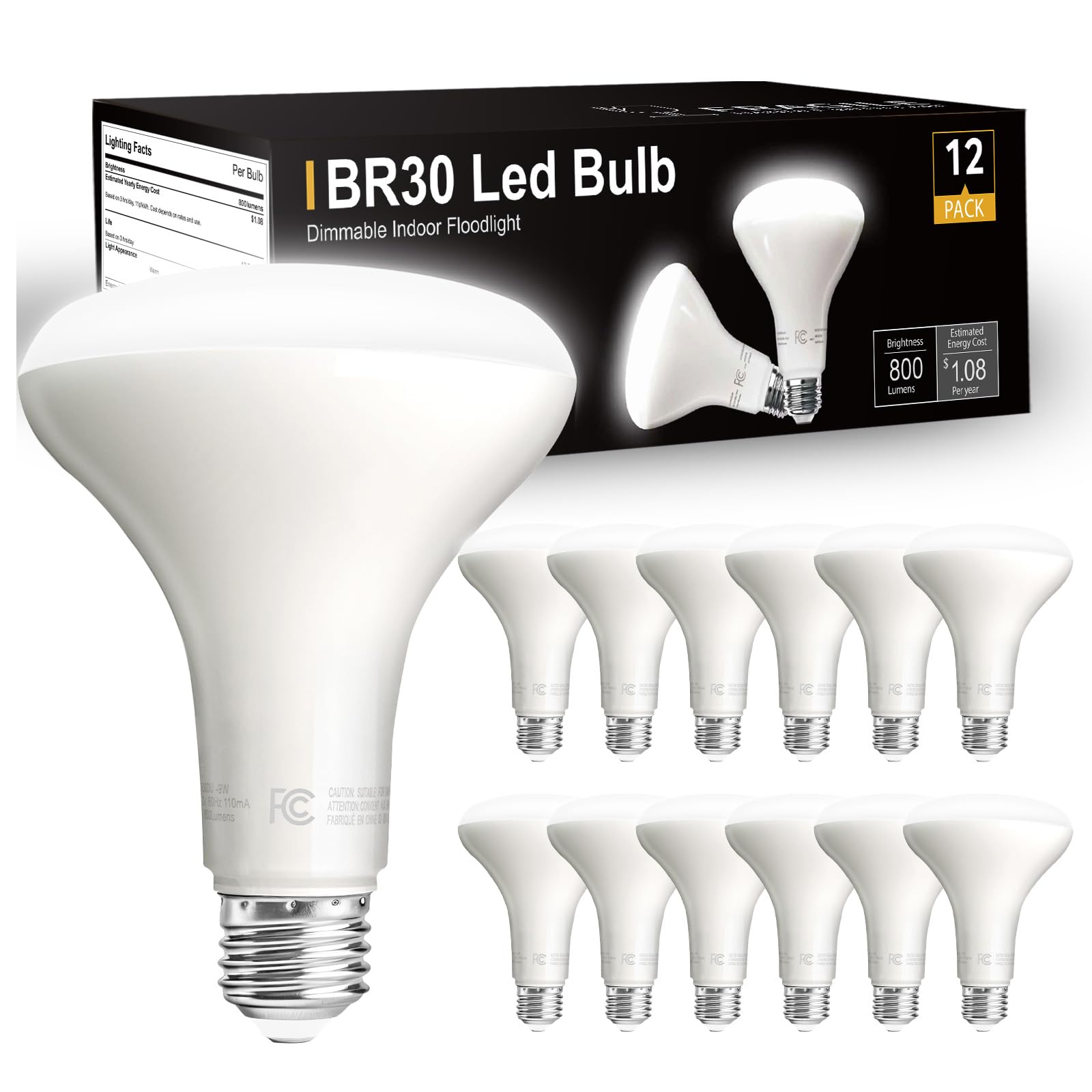 Dalattin 12 Pack Br30 Led Bulbs 65W Equivalent, Dimmable Indoor Flood Lights Bulb, E26 Base, 5000K Daylight White, 9W, 800 Lm, R
