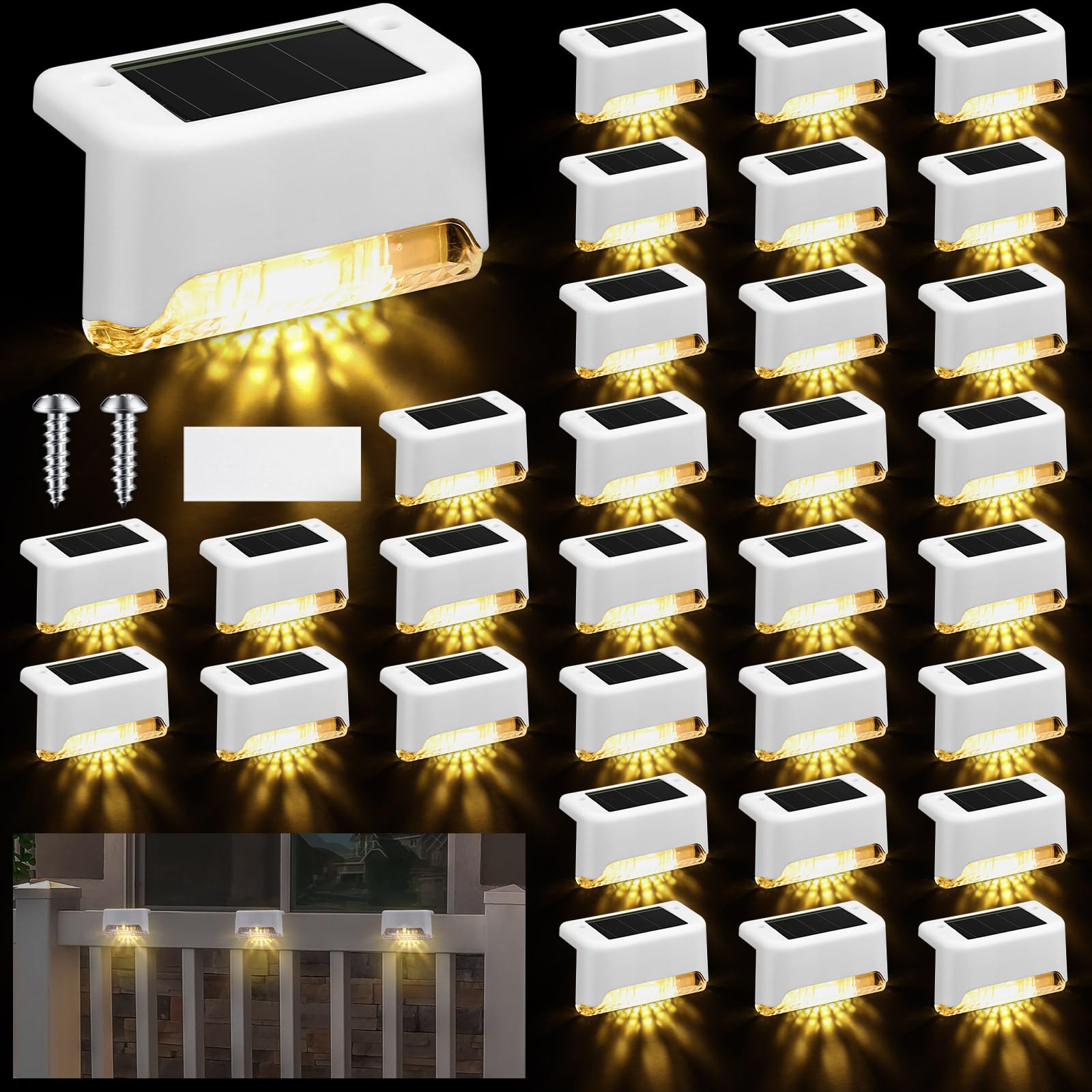 Geelin 32 Pcs Solar Deck Lights, Waterproof LED Step Fence Lights, ABS & Acrylic, White Shell, Warm White Light