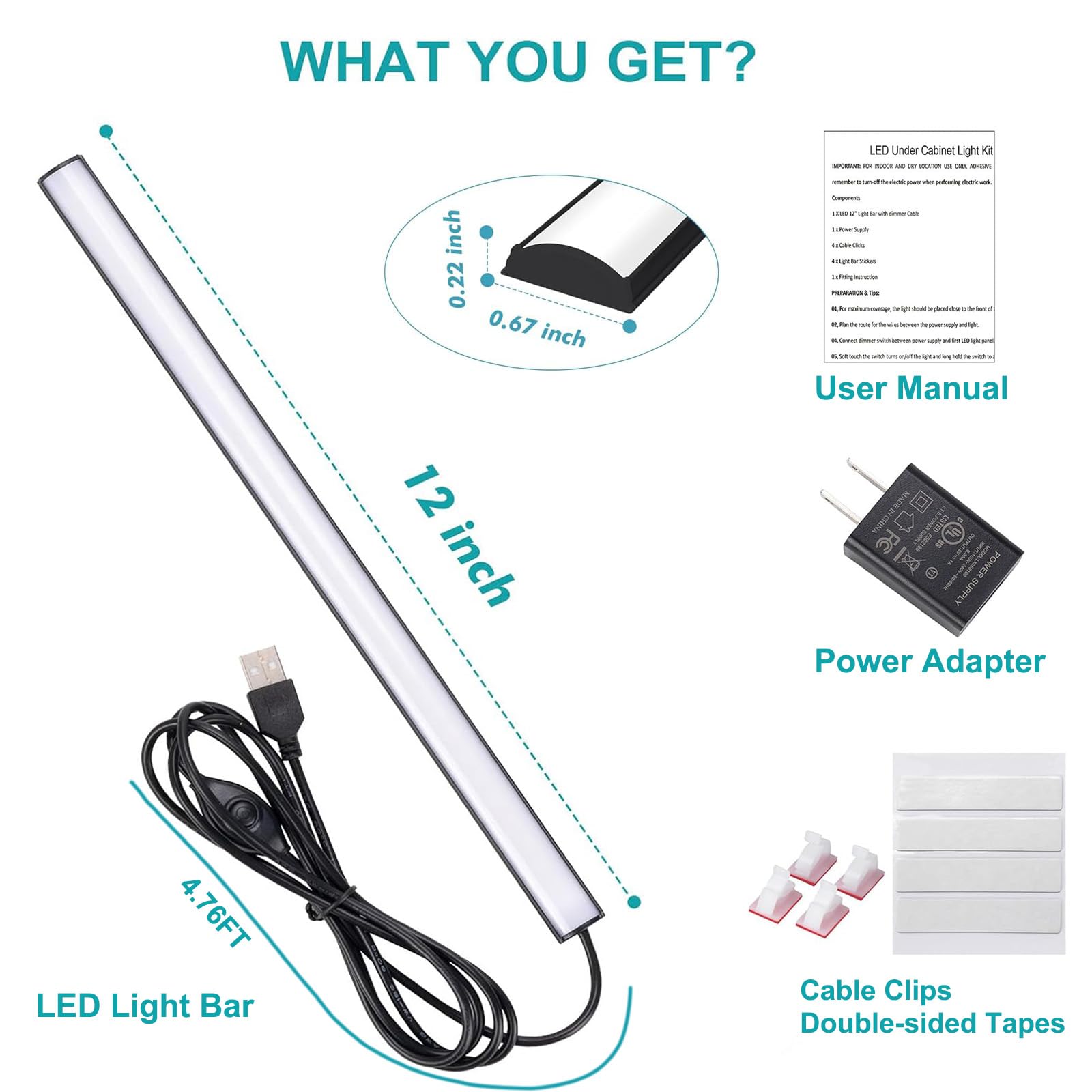 Jusjubr Black Under Cabinet Lighting Plug In  Under Counter Lights  12 Inch Dimmable Led Light Bar  Under Cabinet Lights For Sink  Counter  Desk  Cold White 6000K