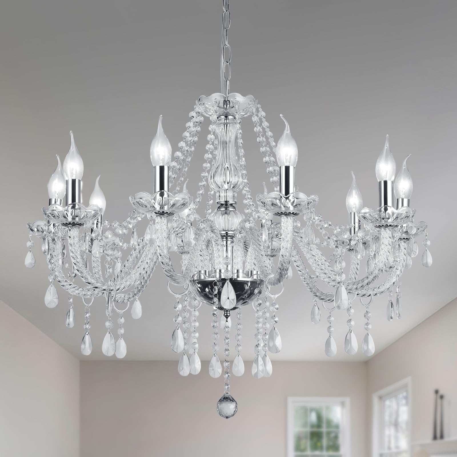 Baotree Modern Elegant 10 Lights K9 Crystal Glass Chandelier Silver Pendant Ceiling Lighting European Style for Dining Living Ro