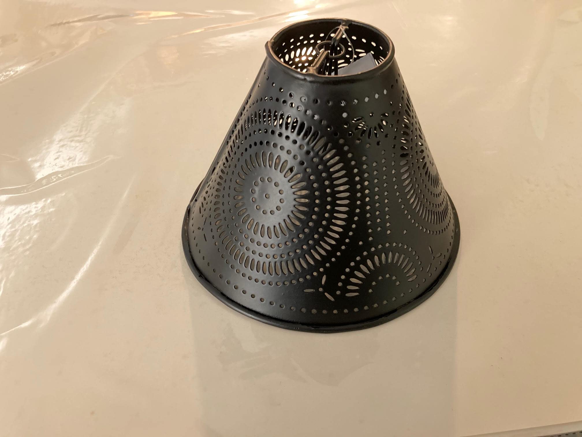 Colonial Tin Black Pinwheel Punched Tin Lamp Shade, Clips on Torpedo Light Bulb, 2in x 6in x 4in, Model 220040BL