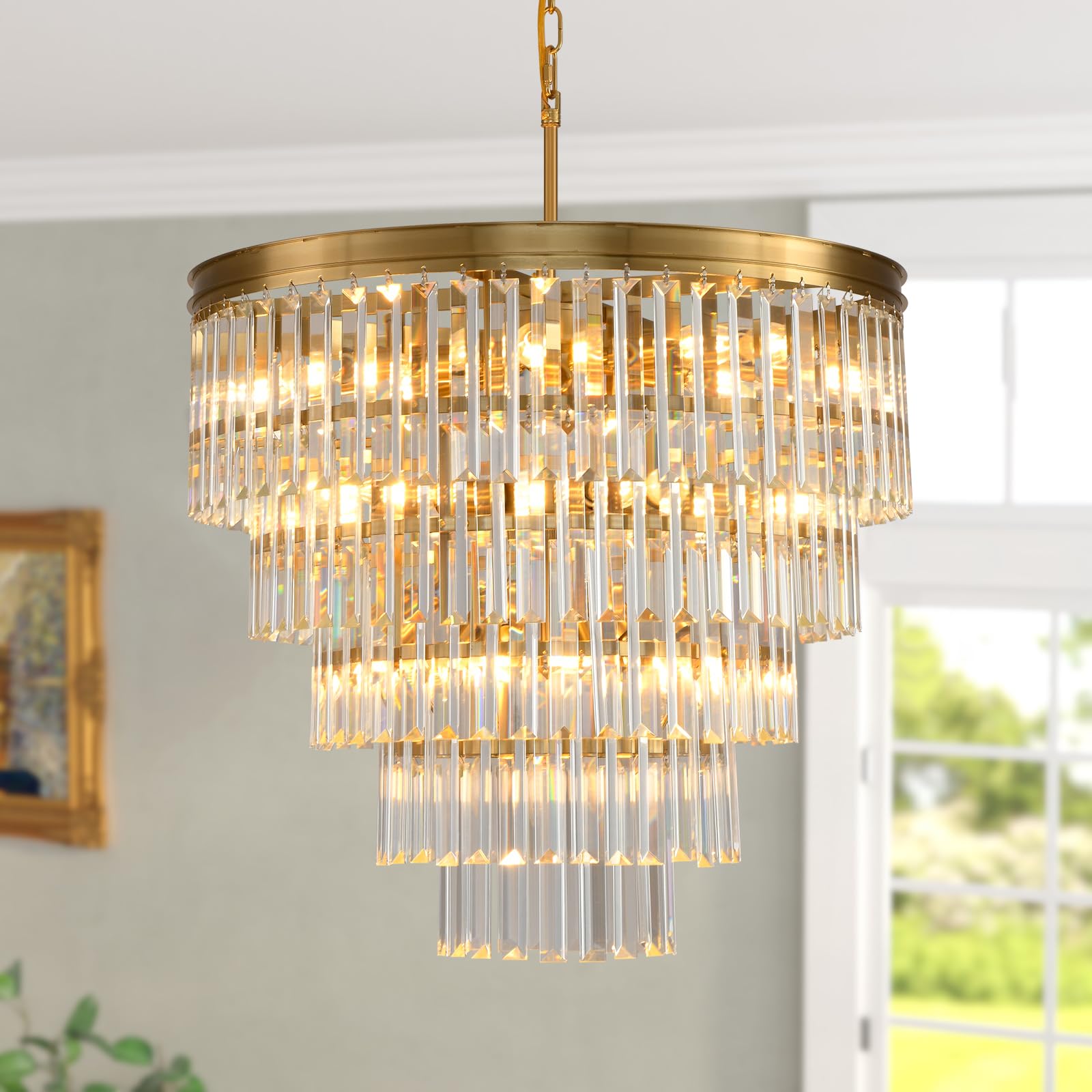 Blinghy Modern Crystal Chandelier, Gold Crystal Ceiling Fixture for Living Room, Bedroom, Long Hallway Entrance