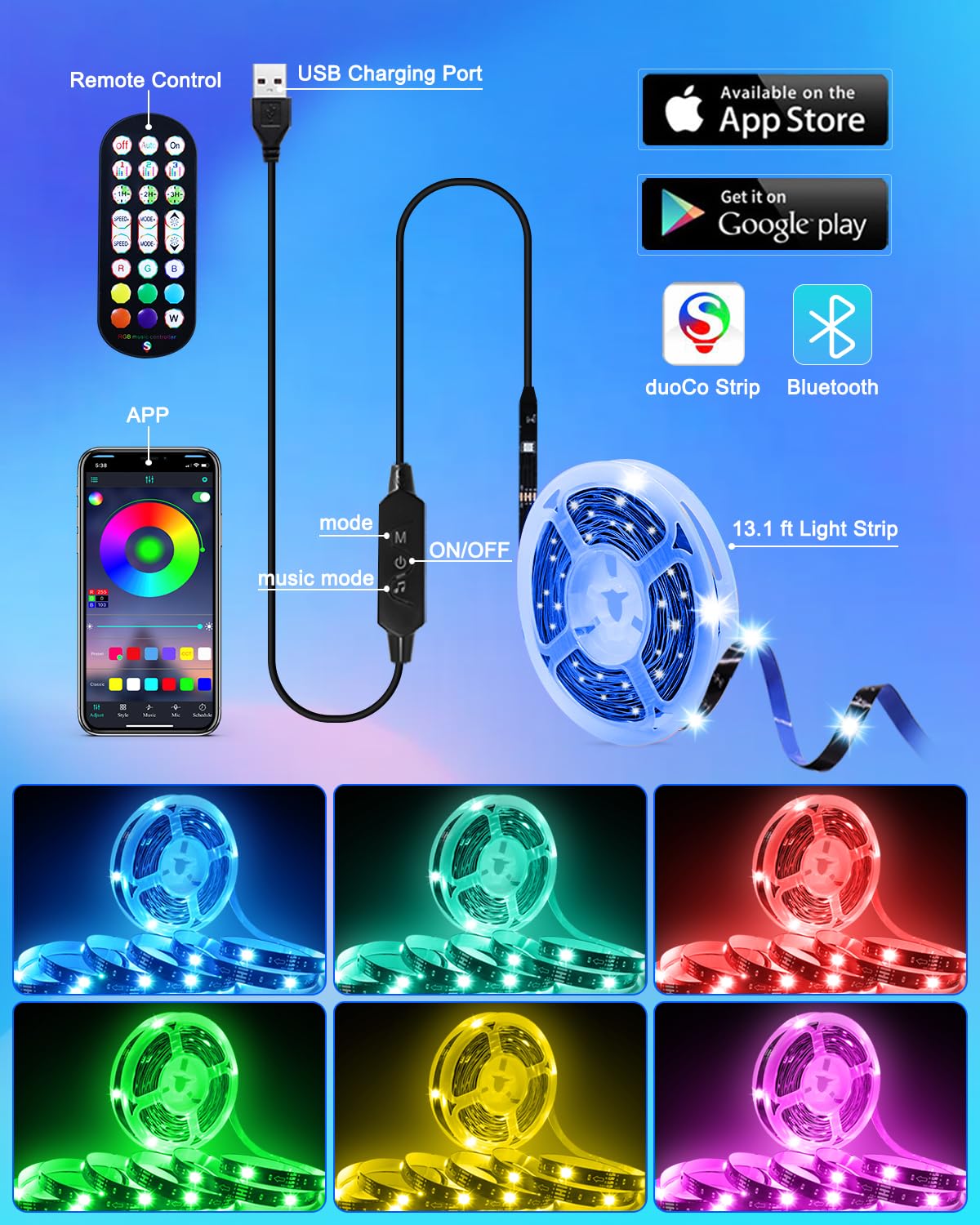 Daymeet Led Tv Backlight, 13.1Ft Usb Rgb Light Strip With Remote, Music Sync For 40-65 Inch Tvs, Solid Colors, Copper Material