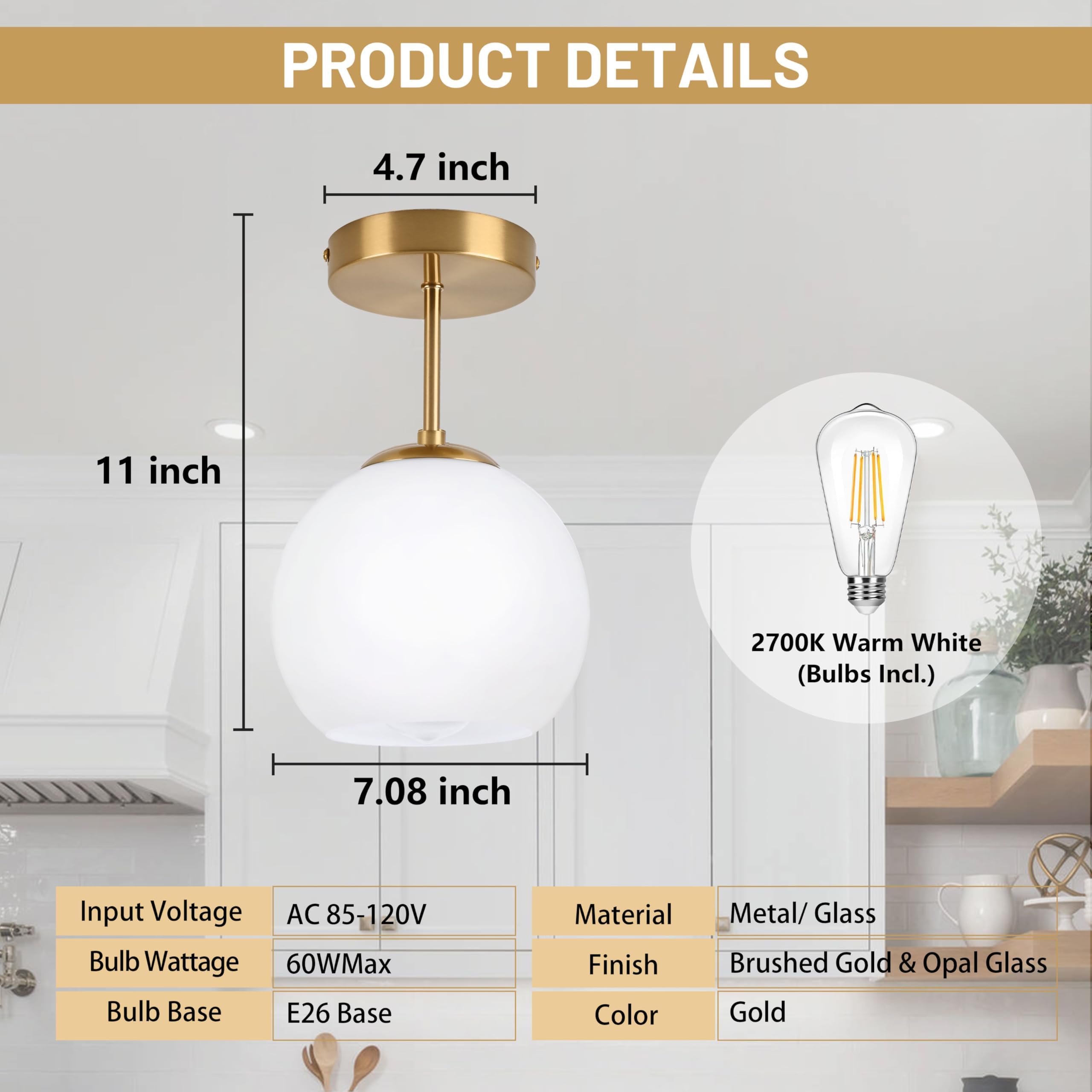 Bagood Gold Semi Flush Mount Ceiling Light Fixture Milk Glass Light Fixture Mid Century Flush Mount Ceiling Lights Brass Flush M