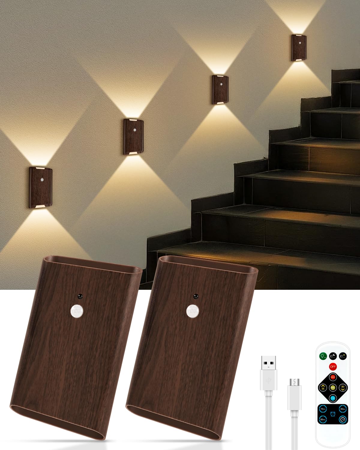 Rechargeable Motion Sensor Wall Sconce Set Of 2 - 5000Mah Wireless Battery Operated Wall Light Indoor  3 Colors Up/Down Lighting Magnetic Night Light With Remote Control For Bedroom  Hallway (Walnut)