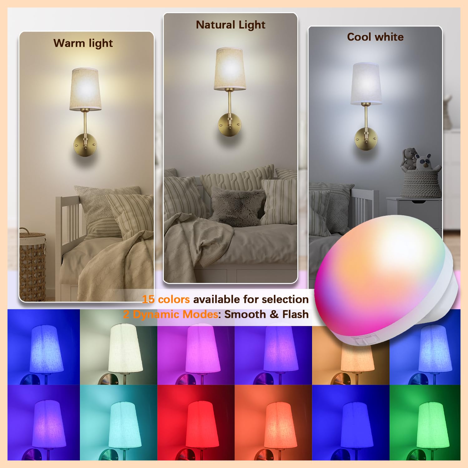 Troconce Battery Operated Wall Sconces Set Of 2, Gold Rechargeable Wall Lights With 15 Rgb Dimmable Detachable Bulbs And Remote,