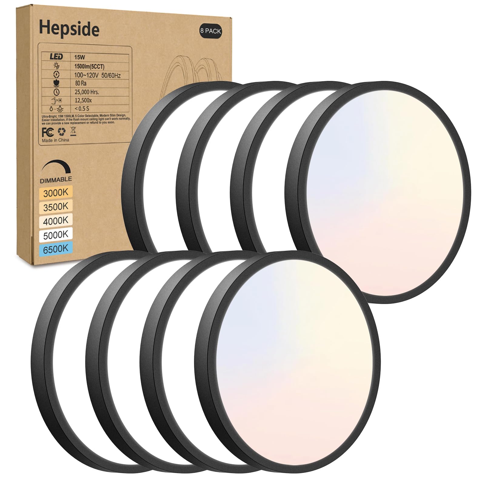 8Pack LED Flush Mount Ceiling Light Fixture, 7Inch 15W, Dimmable&3000K/3500K/4000K/5000K/6500K Adjustable Low Profile Ceiling Li