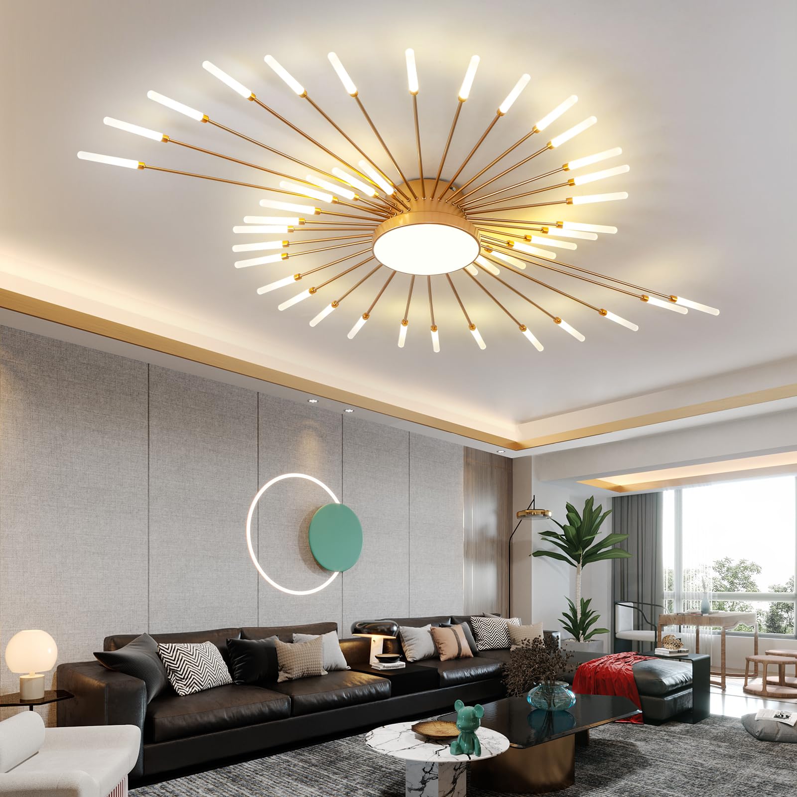 Jaymp Ceiling Light Modern Flower Shape Ceiling Lamp For Living Room Dining Room Flush Mount Metal Acrylic Sputnik Firework Petal Led Lighting Fixture (Matte Gold, 42+1 Lights)