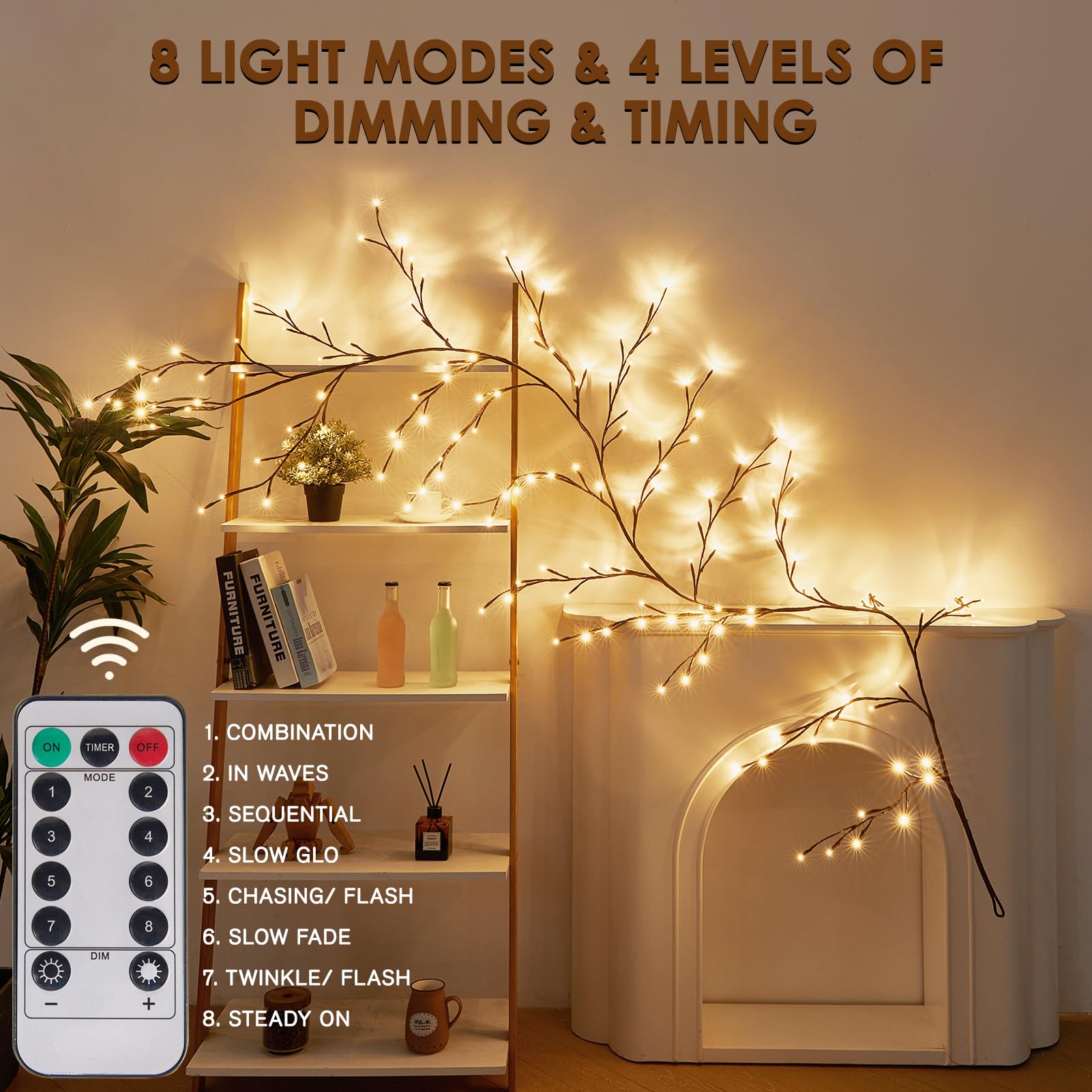Bexdir 9.3ft Enchanted Willow Vine Lights, 160LED Indoor Decor, Brown, 8 Modes & Timer, Model 001