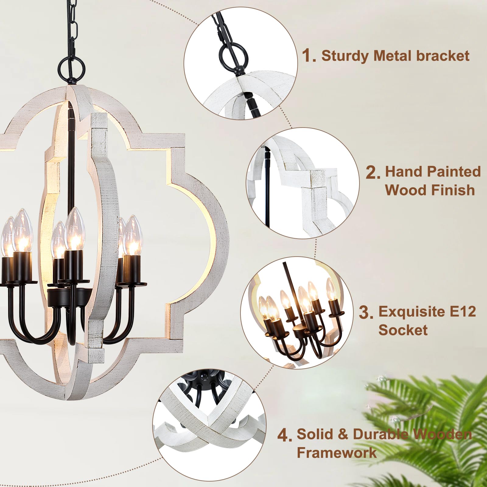 Rviezza 21" 6-Light Distressed White Farmhouse Wood Chandelier for Dining Room, Kitchen, Foyer, Living Room, and Bedroom
