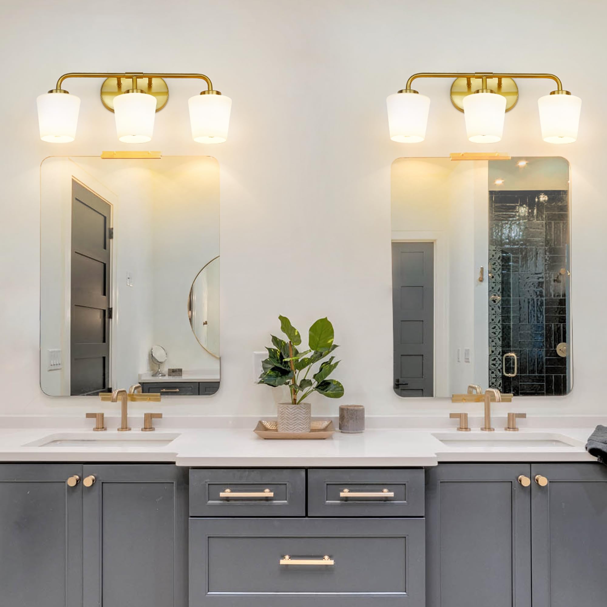 Audickic 3-Light Brushed Gold Bathroom Vanity Light with Milk White Glass Sconces, Farmhouse Style, AD-22004-3W-GD