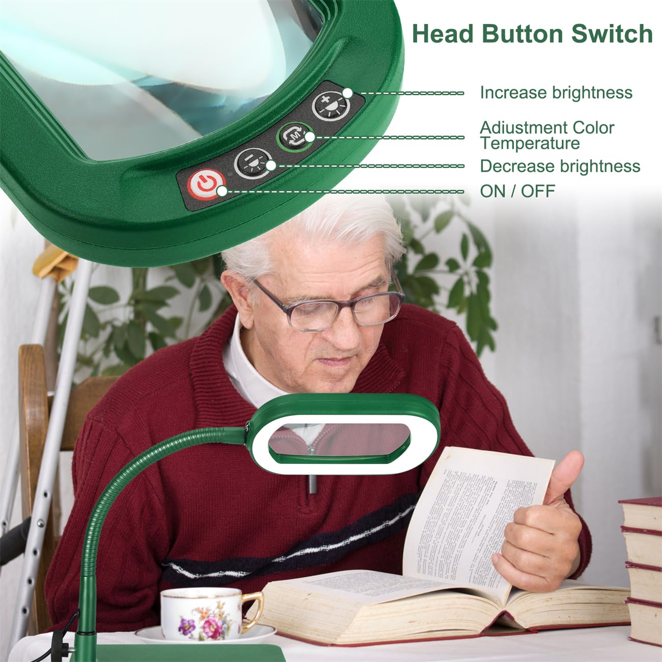 Veemagni 10X Rectangle Magnifying Glass, LED Lighted Desk Lamp, Flexible Gooseneck, Green, Model GE602