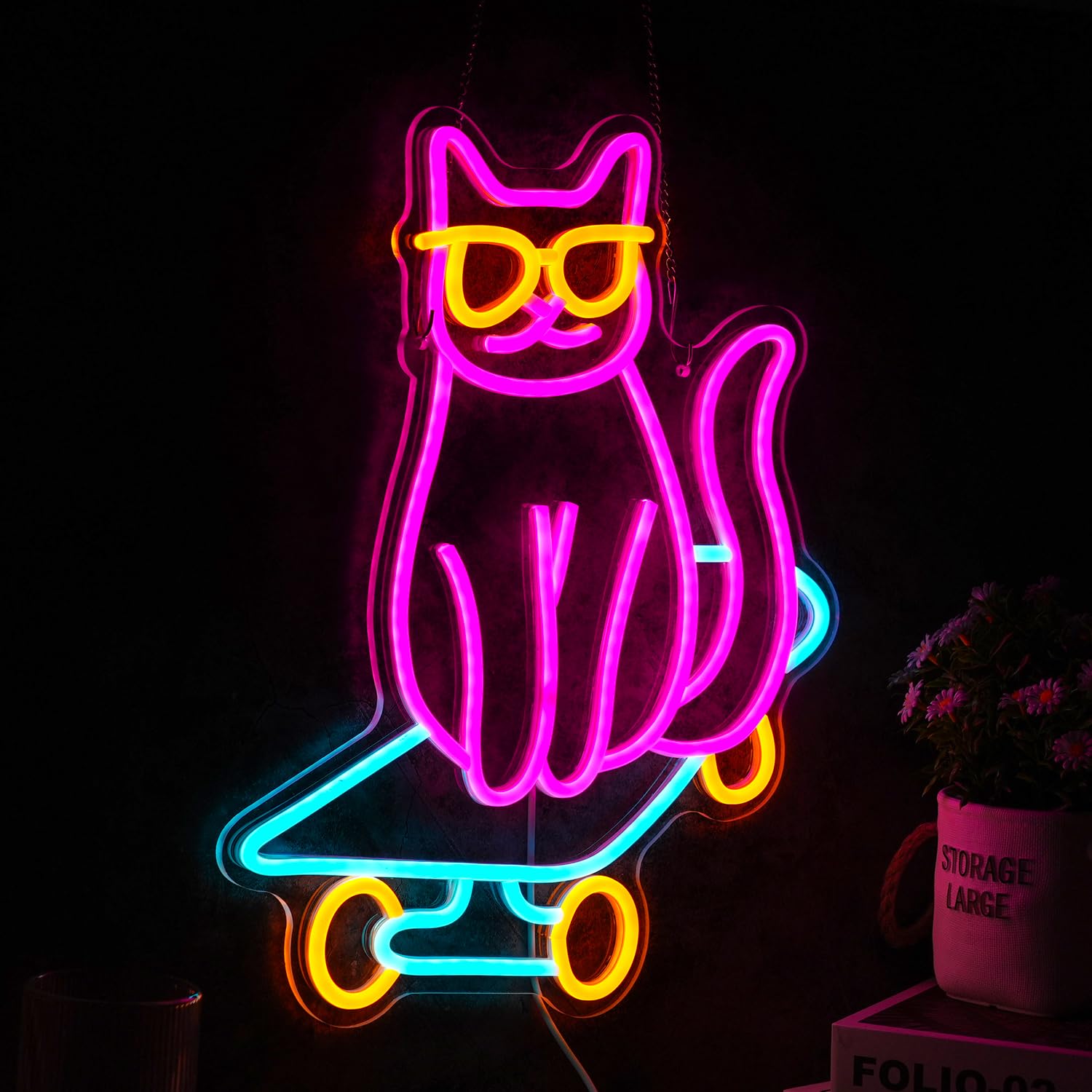 LISIGNVE Skateboard Cat Neon Sign LED Light Dimmable Multicolored Glass Decor for Bedroom Pet Shop Art Gift