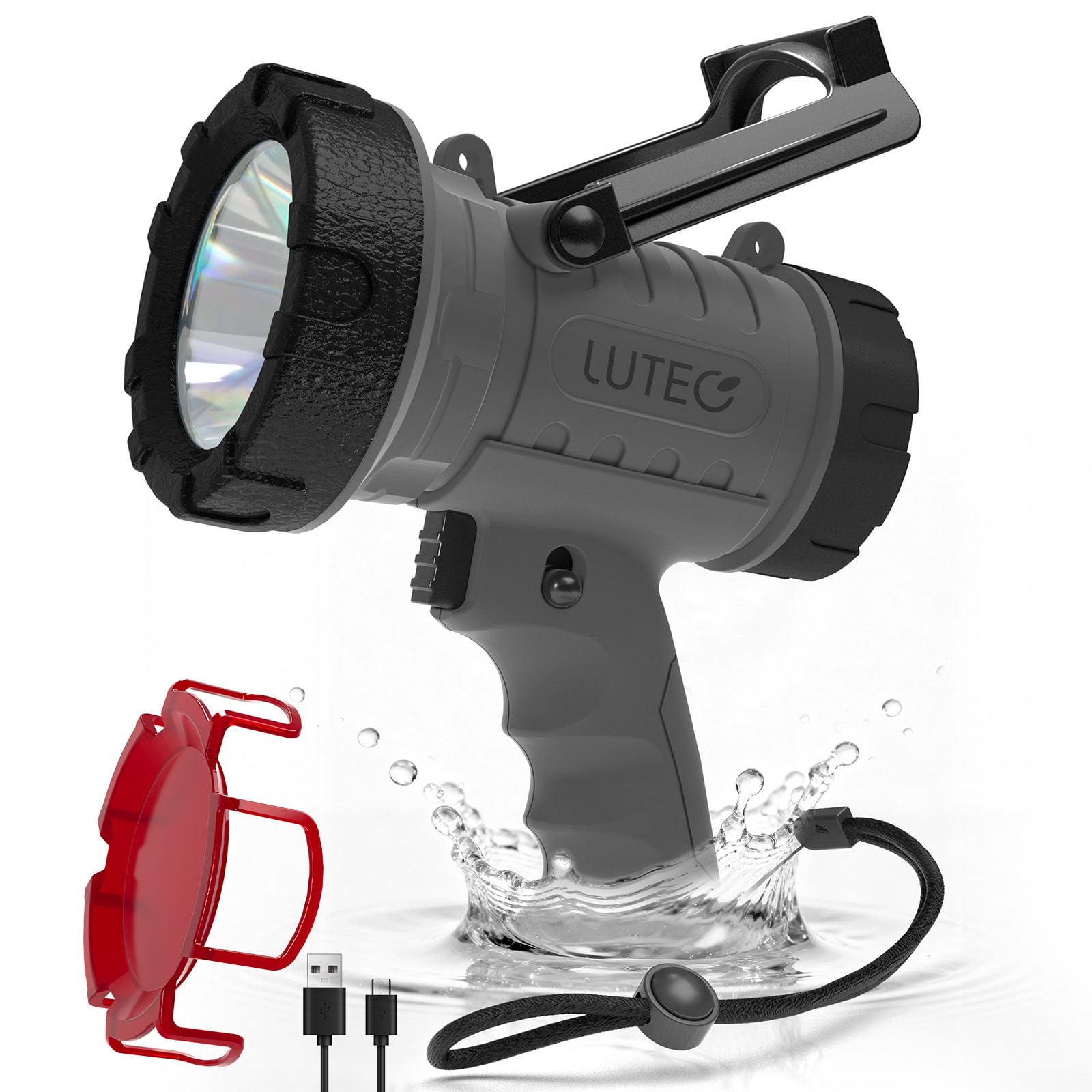 LUTEC Rechargeable Spotlight Flashlight 90,000 Lux Super Bright, IP67 Waterproof Rechargeable Spotlights Handheld with 4 Modes S