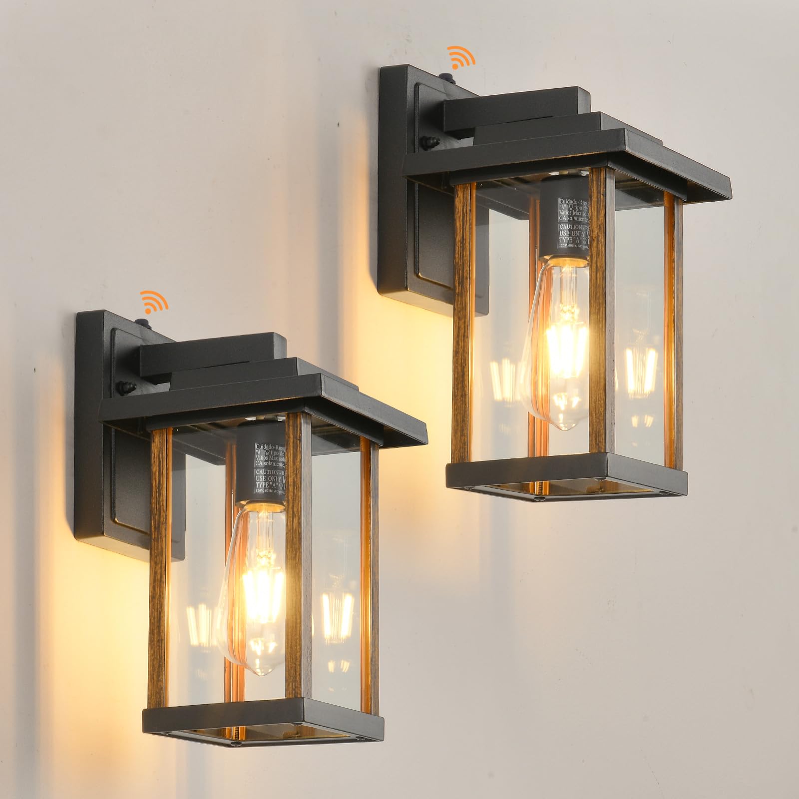 Outdoor Wall Sconce  Dusk to Dawn Outside Porch Light Fixtures  Anti-Rust Exterior Wall Lights in Wood Grain & Black Finish with Clear Glass for Garage Doorway Entryway  2 Pack