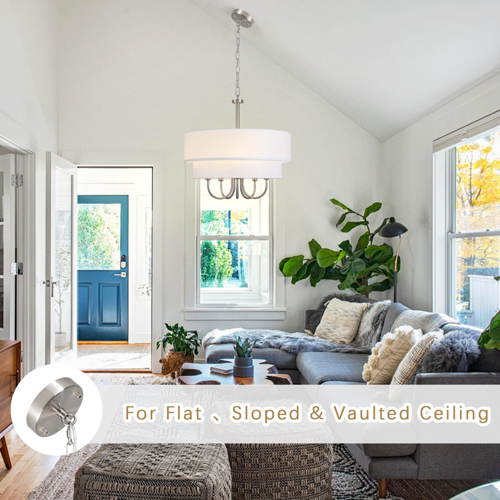 Modern Drum Chandeliers For Dining Room 5 Light Brushed Nickel Chandelier With Shades Contemporary Farmhouse Light Fixtures Hang
