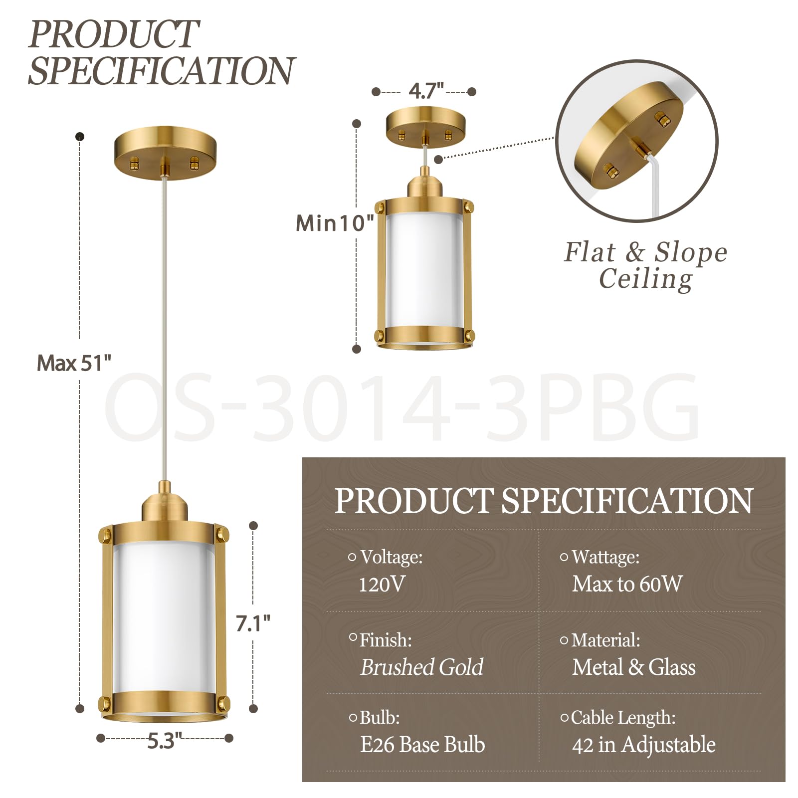 Osimir Brushed Gold Pendant Lights Kitchen Island, 1-Light Modern Brass Mini Hanging Light Fixtures With Milk Glass, Farmhouse K