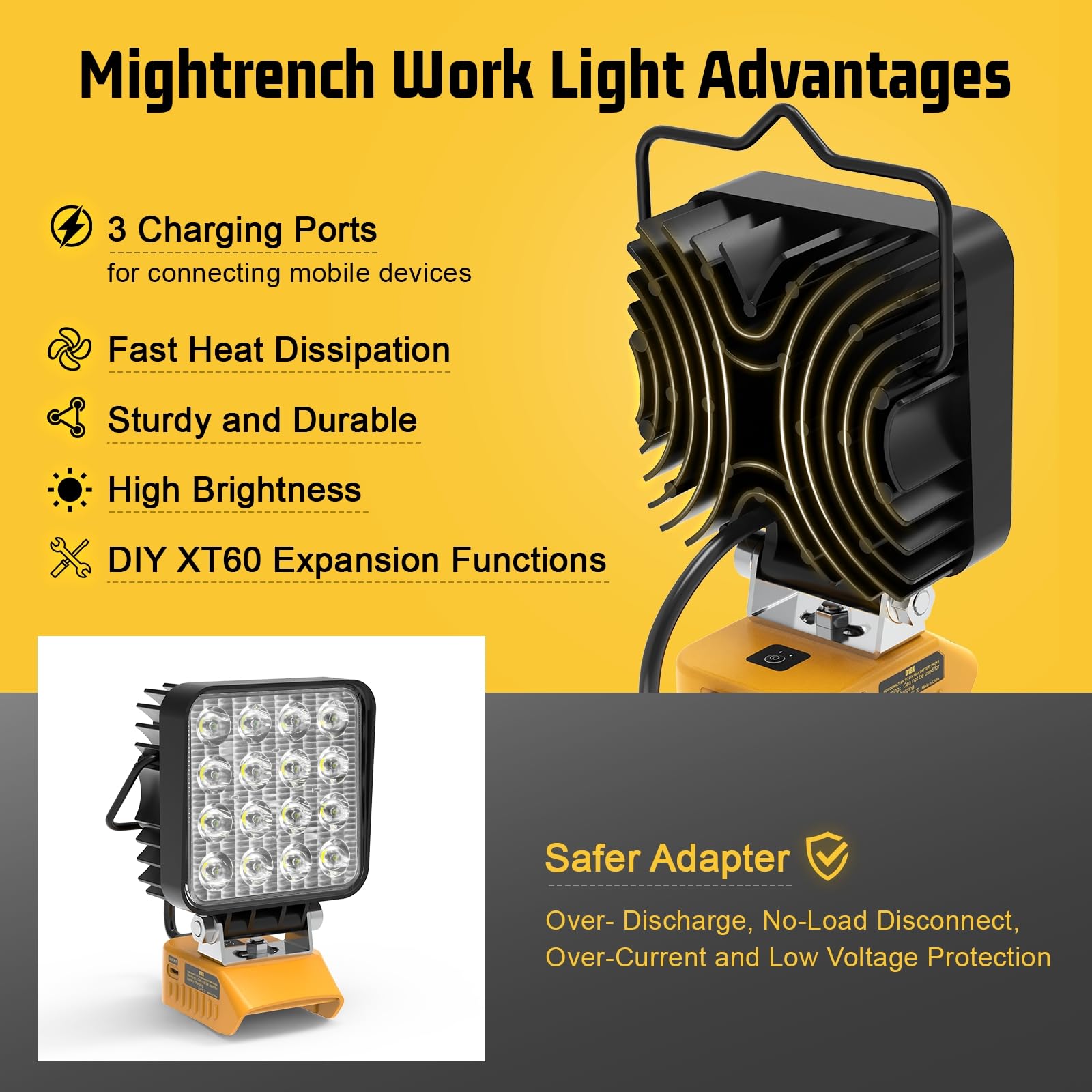 Mightrench LED Work Light 48W 4800LM Compatible with Dewalt 20V Battery, Yellow, Model DLED01, Adjustable 140°