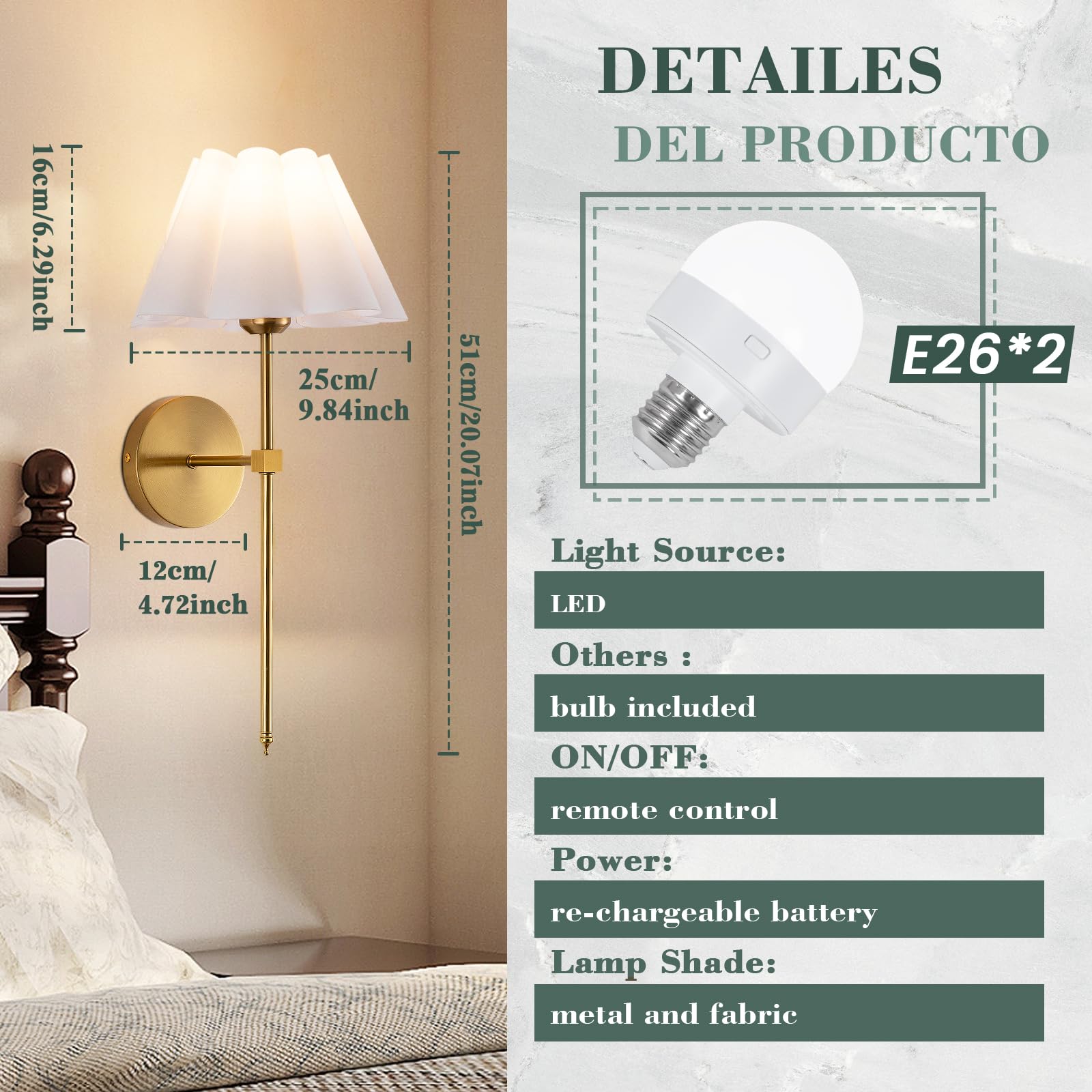 EIDEARAY Battery Operated Wall Sconces, White Fabric Lampshade, Rechargeable Wireless, 20 inches, Model WL-BN1717-18