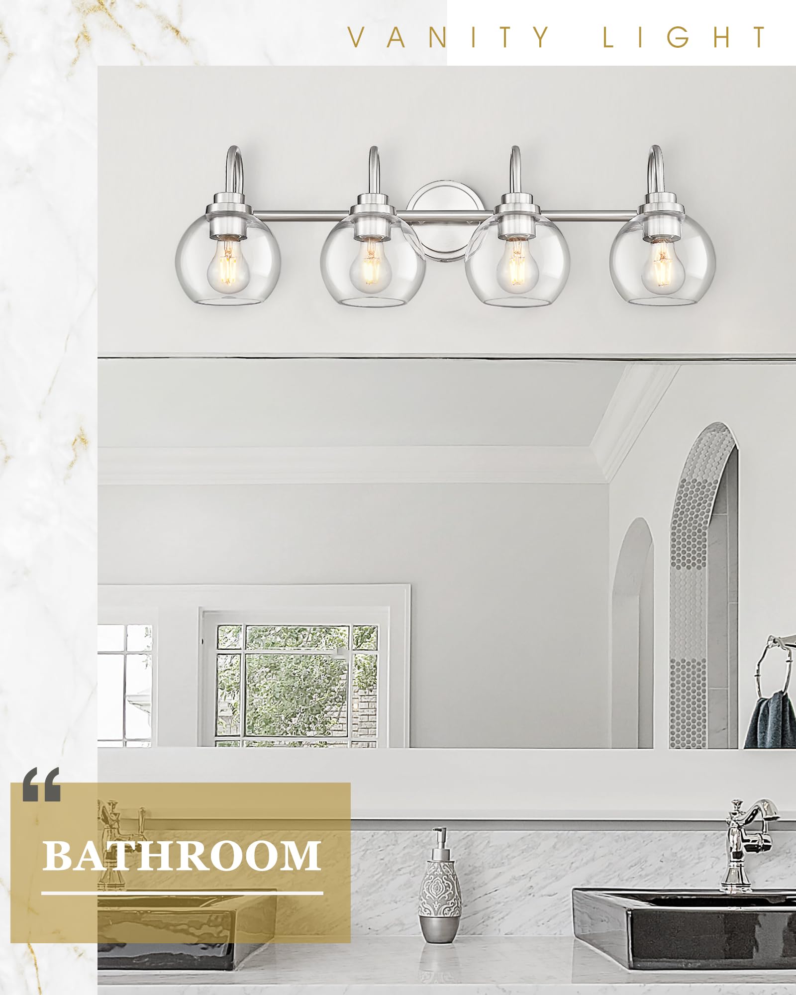 Audickic 4-Light Bathroom Light Fixtures, Brushed Nickel Vanity Lights with Clear Glass, 30 Inch, Model AD-22280-4W-SN