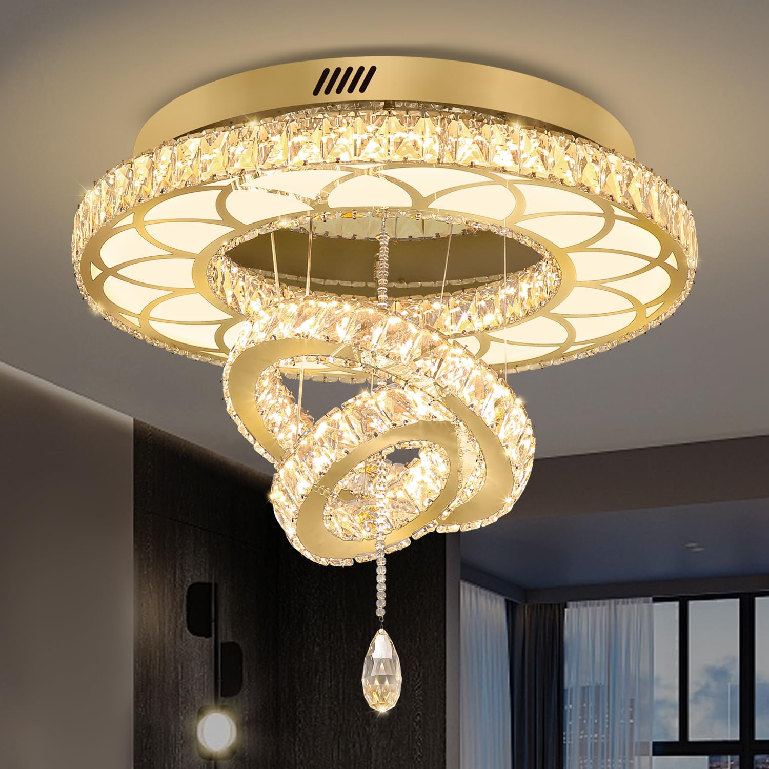 Flashing God Dia 24'' Crystal Chandelier Modern Ceiling Light Fixture Lamp Raindrop Flush Mount Round Chandelier For Dining Room