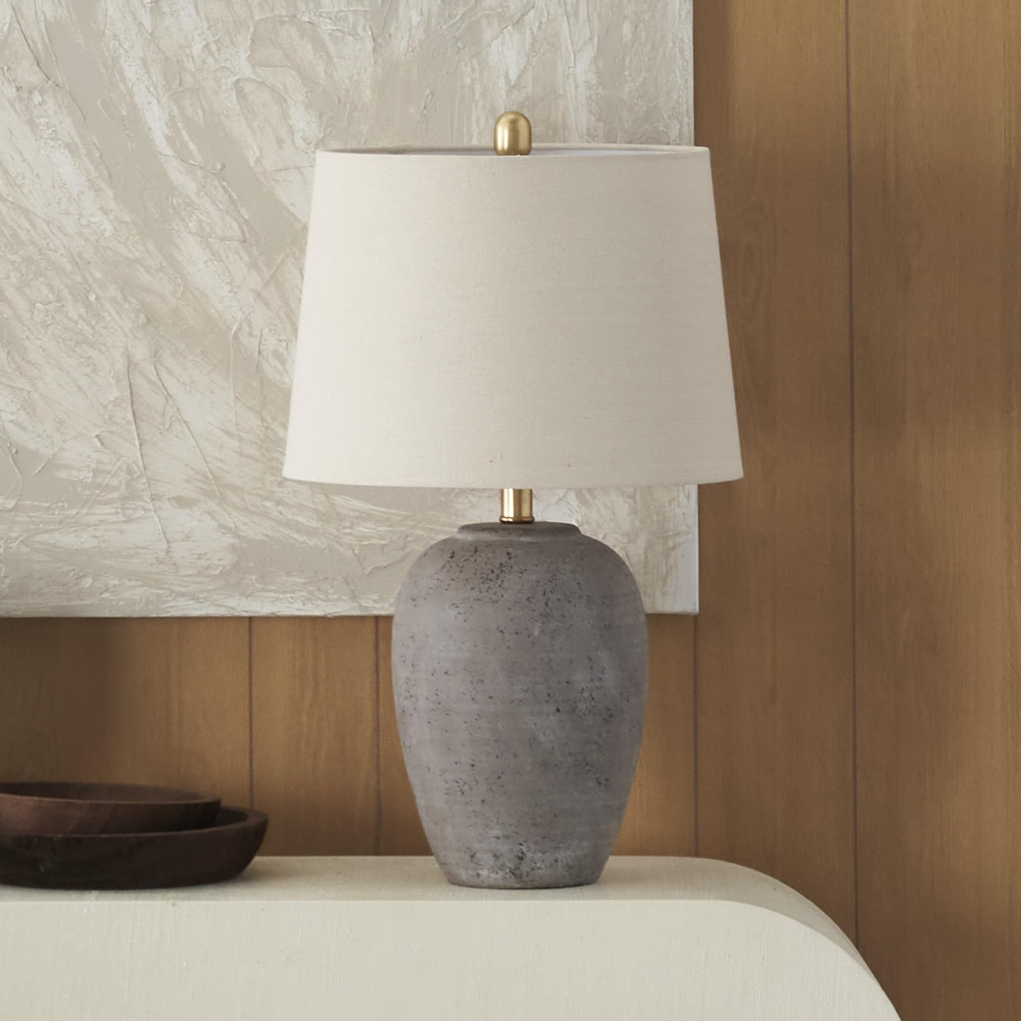 Nourison 23" Rustic Brown (Gray Undertones) Ceramic Pot Table Lamp For Bedroom, Living Room, Dining Office, Beige Shade