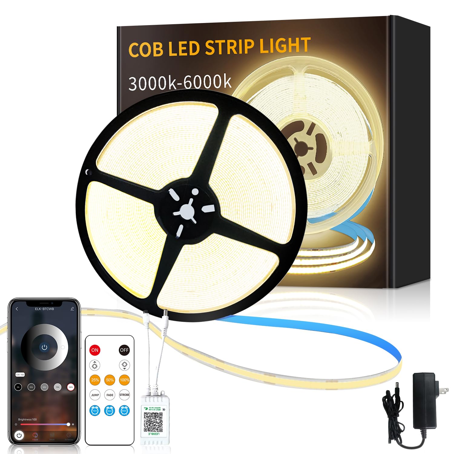 Yeewhale 32.8Ft Cob Led Strip Lights 3000K Warm White Dimmable Dc 24V Flexible Led Tape Light For Bedroom, With Remote And App Control Led Light Strip,For Diy Home Decoration