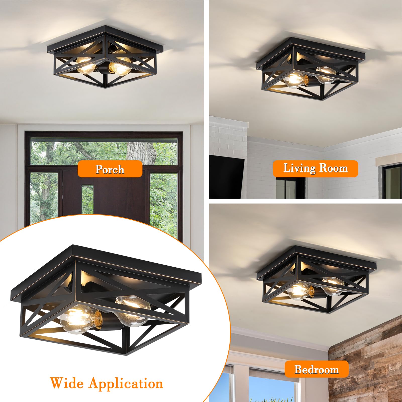 Dikaida 2Pack Flush Mount Ceiling Light Fixture,Black Farmhouse Kitchen Lighting Fixtures Ceiling Rustic Light Fixtures For Dini