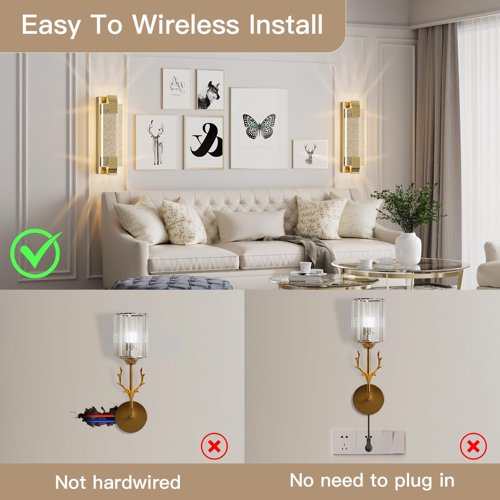 camuucci Rechargeable Battery Operated Wall Sconce, 15.2" Gold Glass Dimmable Light, Remote Control, Model SNCD, Indoor Use
