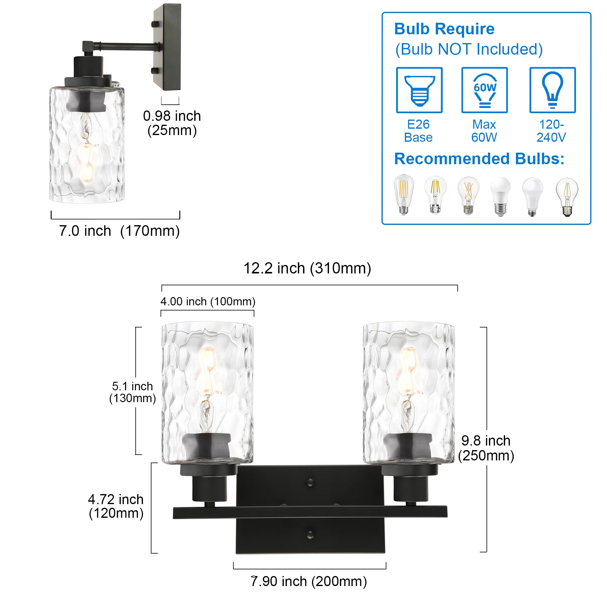 MELUCEE Indoor Wall Sconce 2-Light Matte Black Metal with Clear Hammered Glass for Bathroom Vanity and Mirror Cabinets