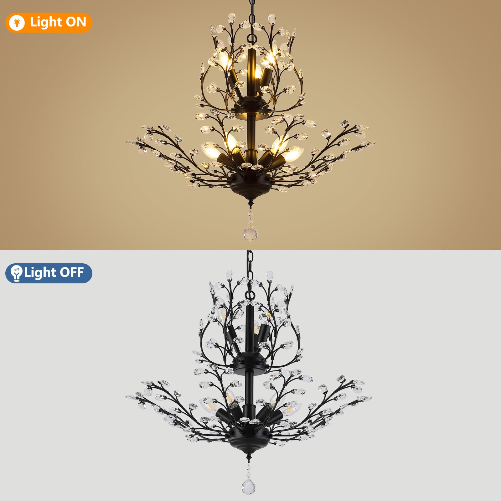 3Wwwuee Black Crystal Chandelier, Farmhouse 8-Light Large Branch Pendant Light With Adjustable Chain, 2-Tier Vintage Flower Ceil